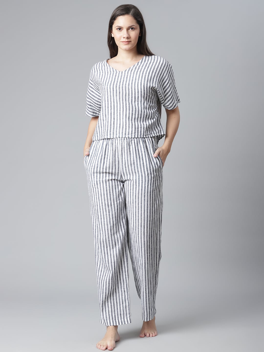 Marks & Spencer Women Navy Blue & White Linen Cotton Striped Night suit Price in India