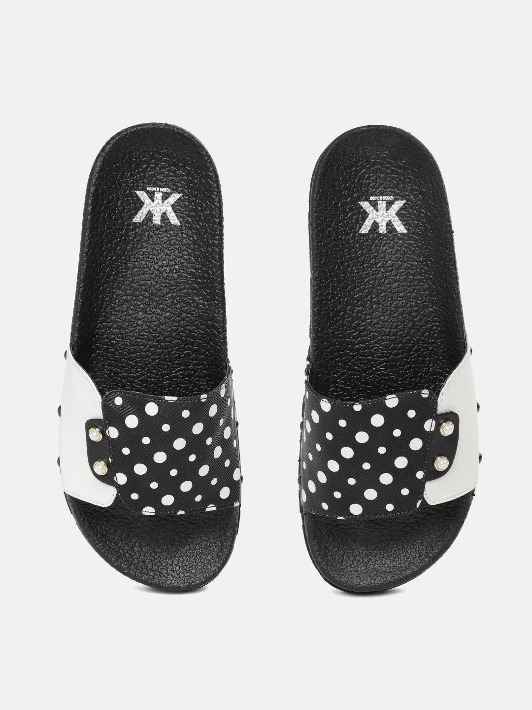 Kook N Keech Women Black & White Polka Dot Print Sliders Price in India