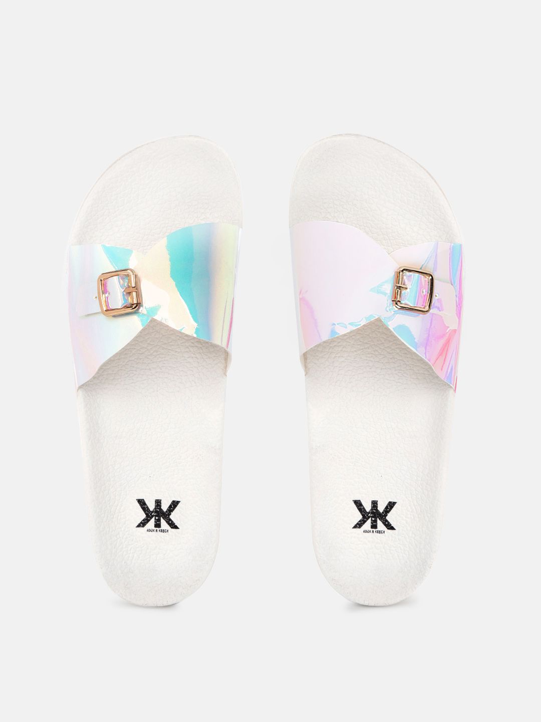Kook N Keech Women White & Pink Iridescent Effect Slip-Ons with Buckle Detail Price in India