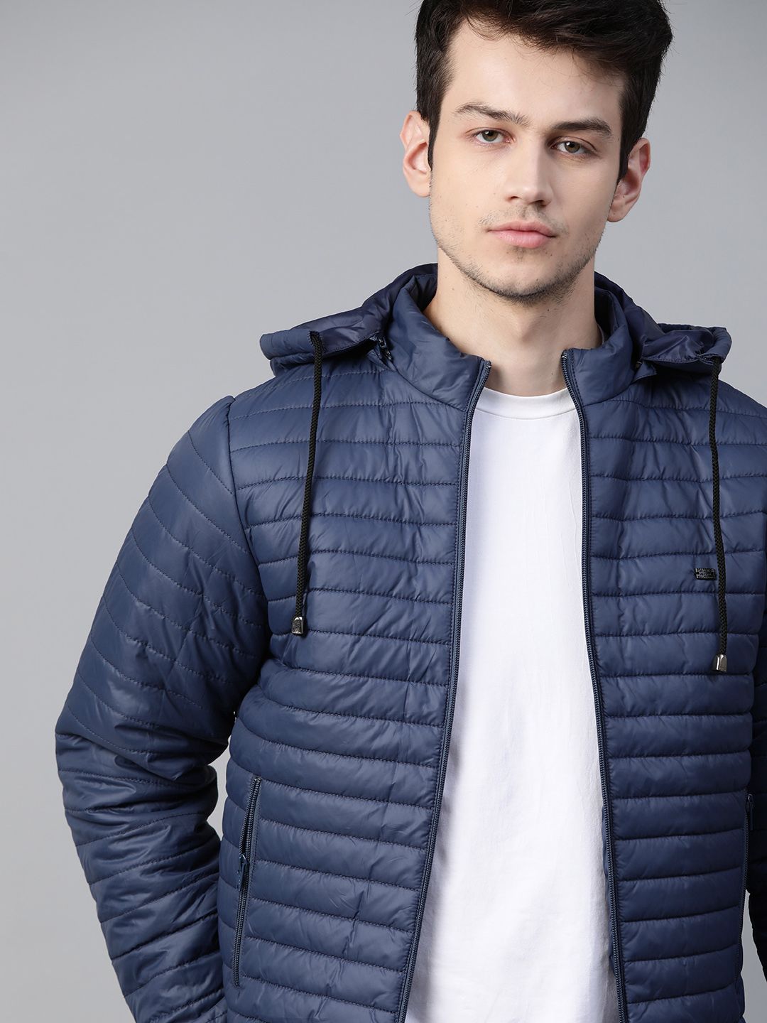 Roadster Men Navy Blue Solid Detachable Hooded Padded Jacket