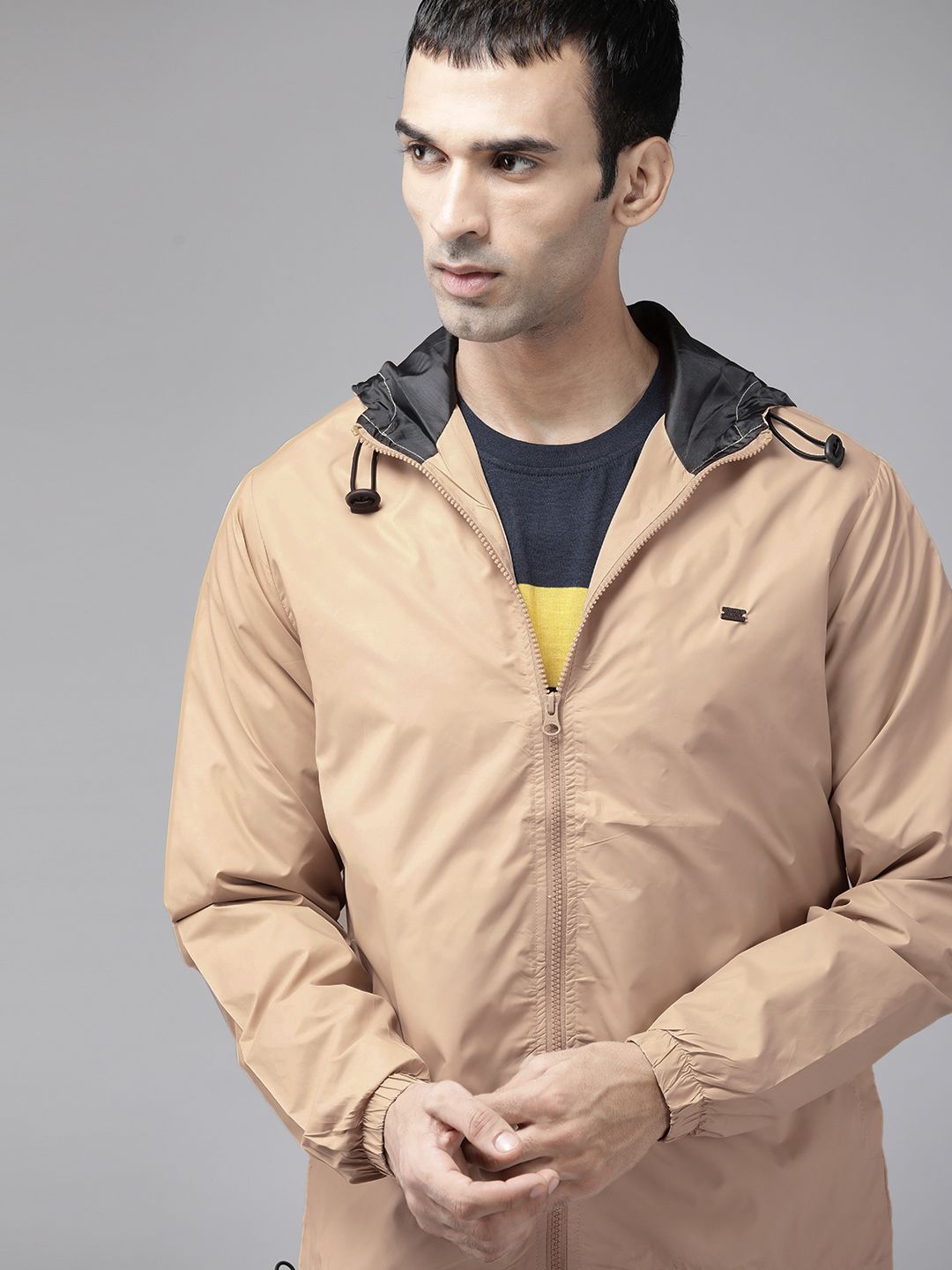 Roadster Men Beige Solid Tailored Hooded Jacket