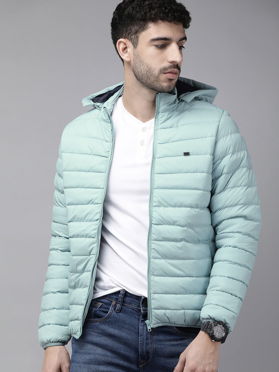 Roadster Men Blue Detachable Hooded Puffer Jacket