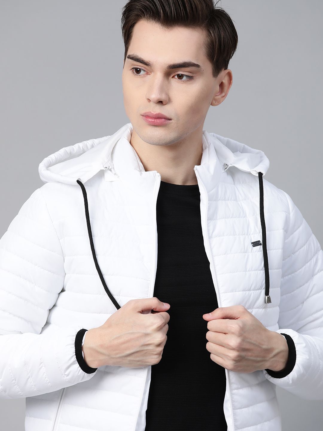 Roadster Men White Solid Hooded Padded Jacket