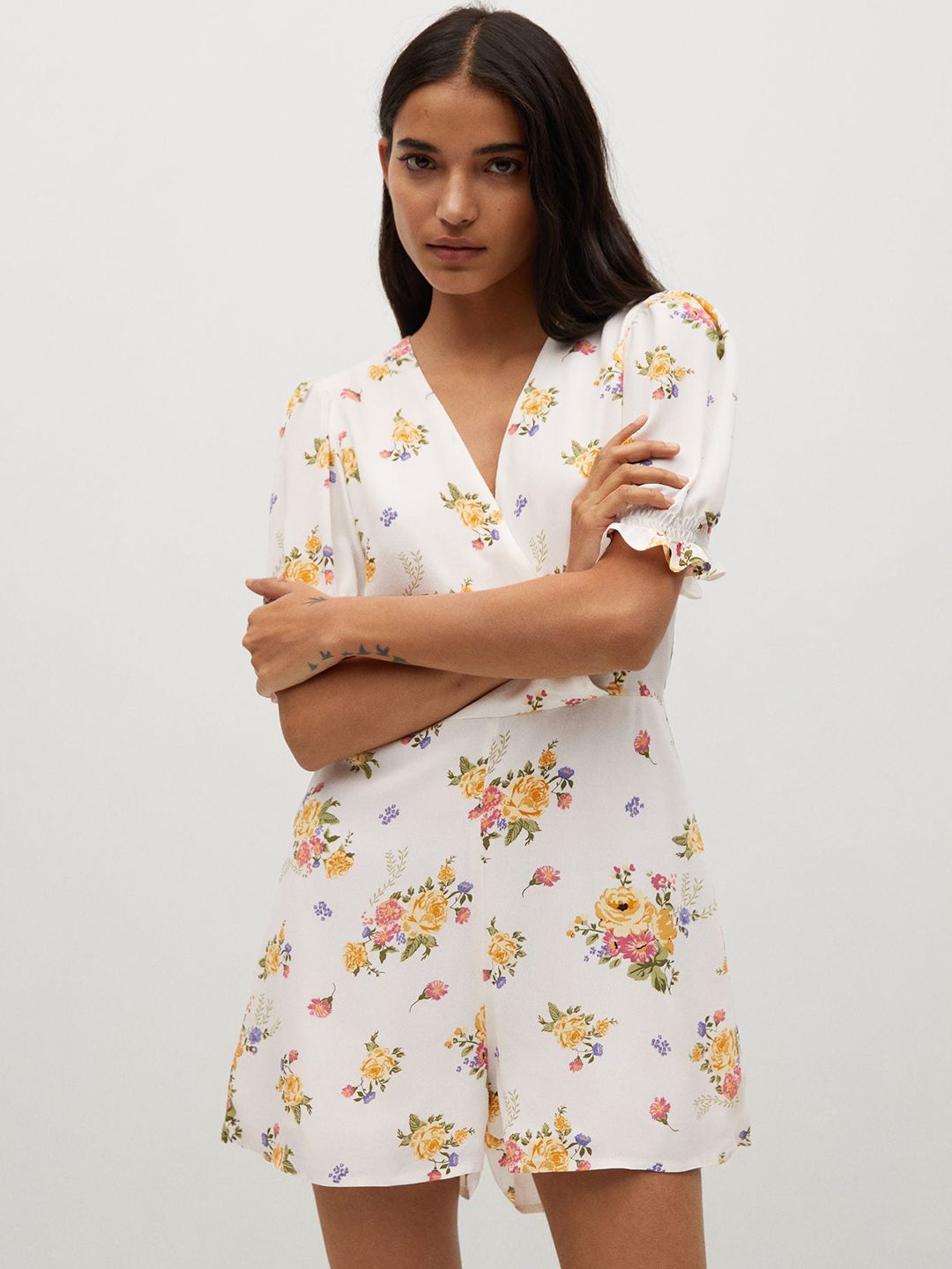 MANGO White & Yellow Floral Printed Playpsuit Price in India