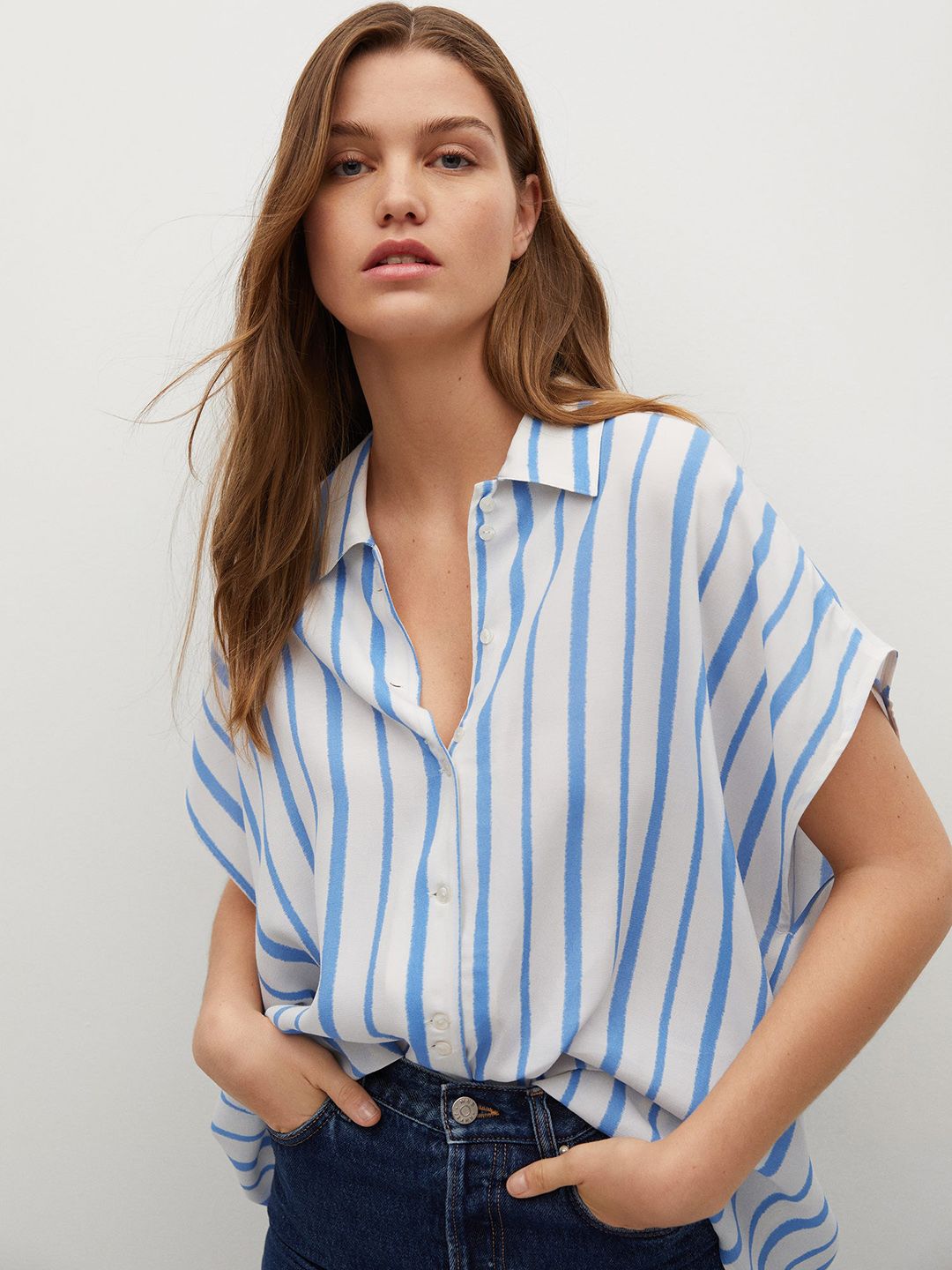 MANGO Women White & Blue Regular Fit Striped Casual Shirt