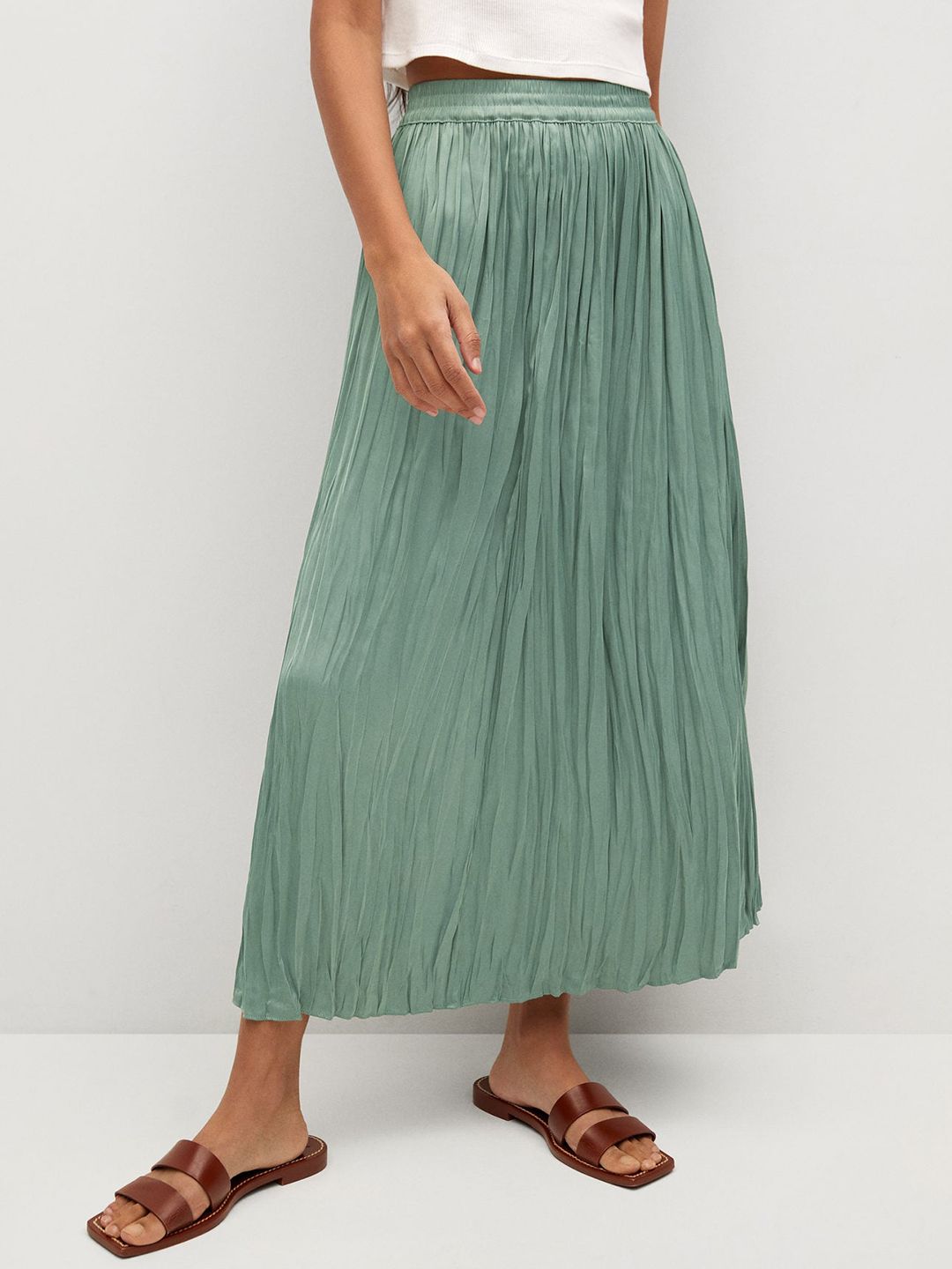 MANGO Women Sea Green Solid Sustainable Gathered A-line Skirt