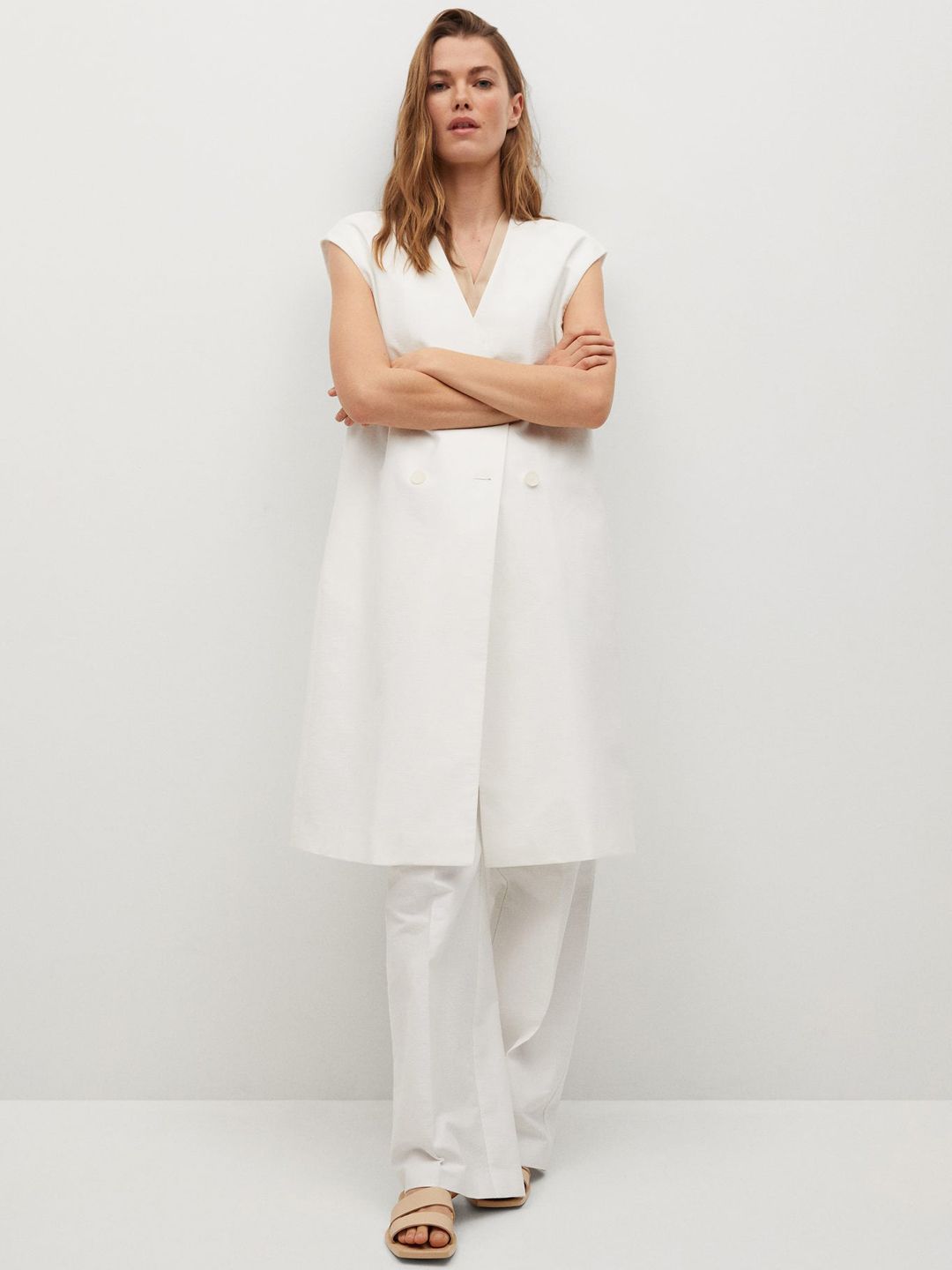 MANGO Women White Solid Sustainable Longline Button Shrug Price in India