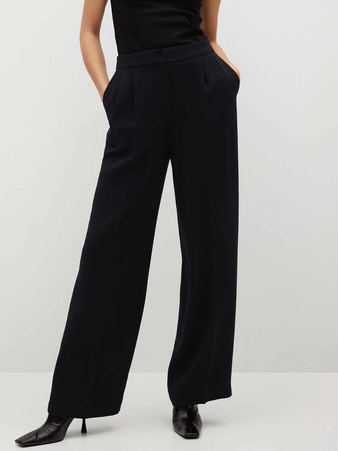 MANGO Women Black Solid Pleated Parallel Trousers