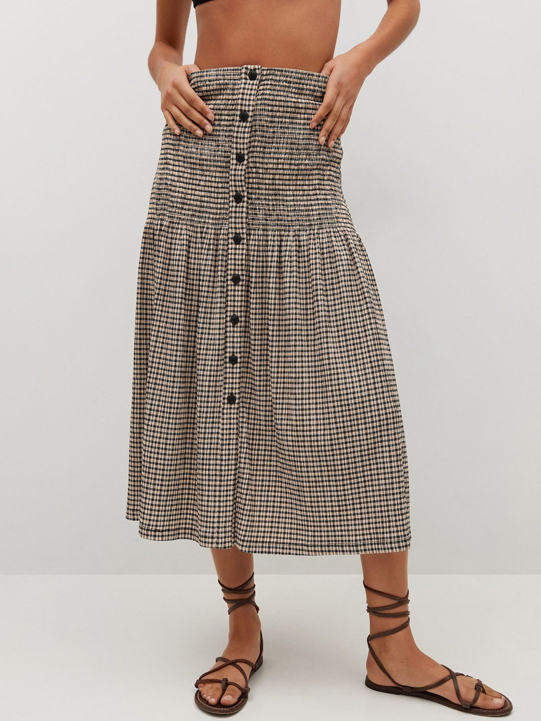 MANGO Women Beige & Black Gingham Checked Midi A-Line Skirt