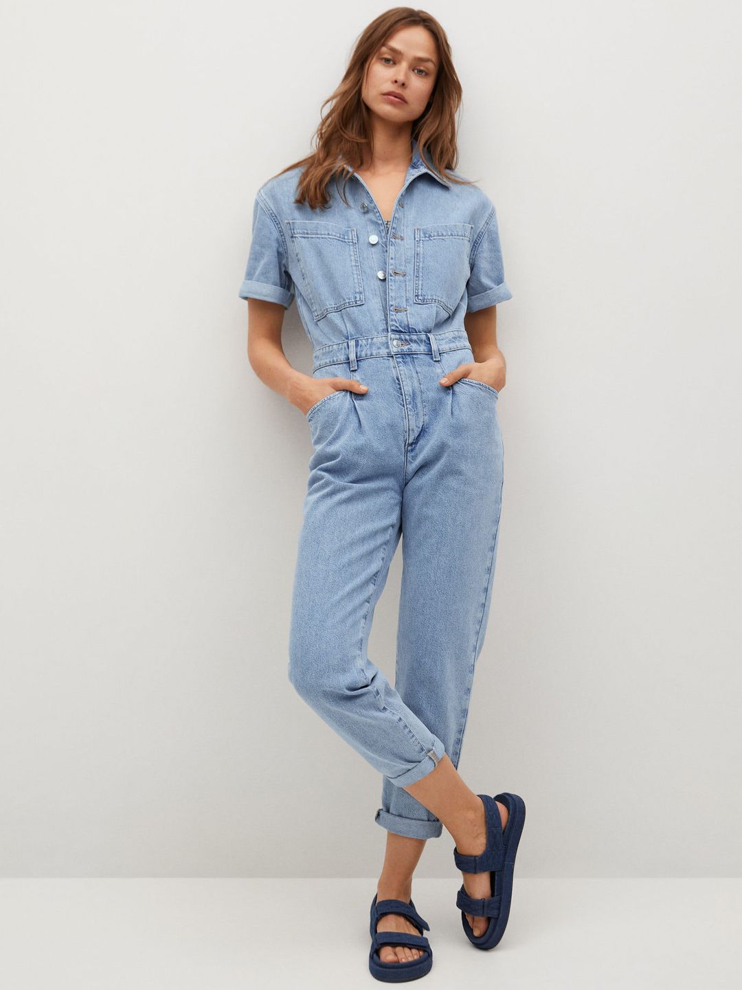 MANGO Blue Basic Denim Jumpsuit