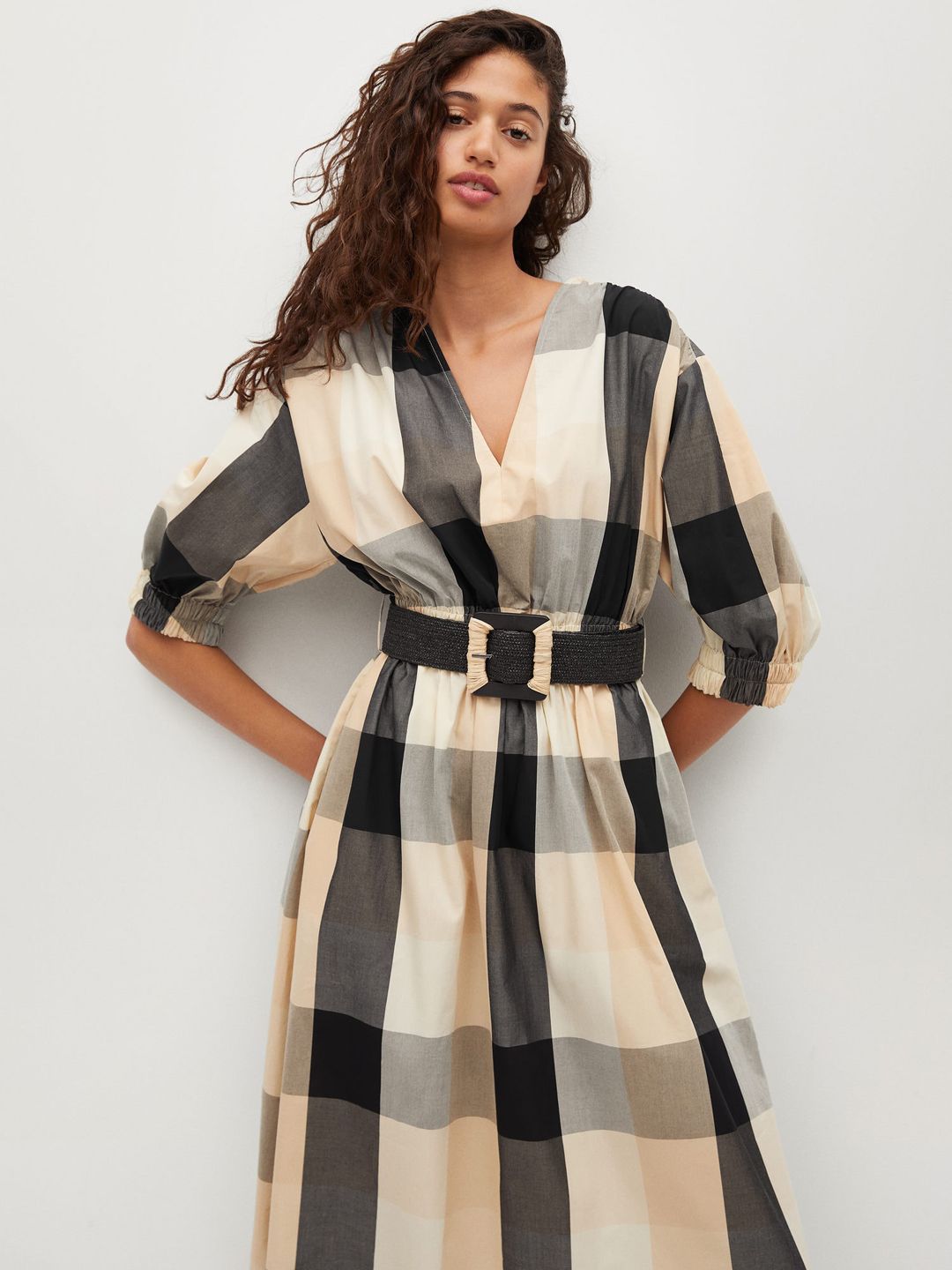 MANGO Beige & Black Checked Sustainable A-Line Midi Dress & Belt