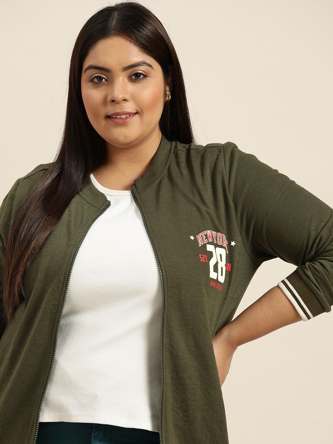 Sztori Women Plus Size Olive Green Solid Front-Open Sweatshirt Price in India