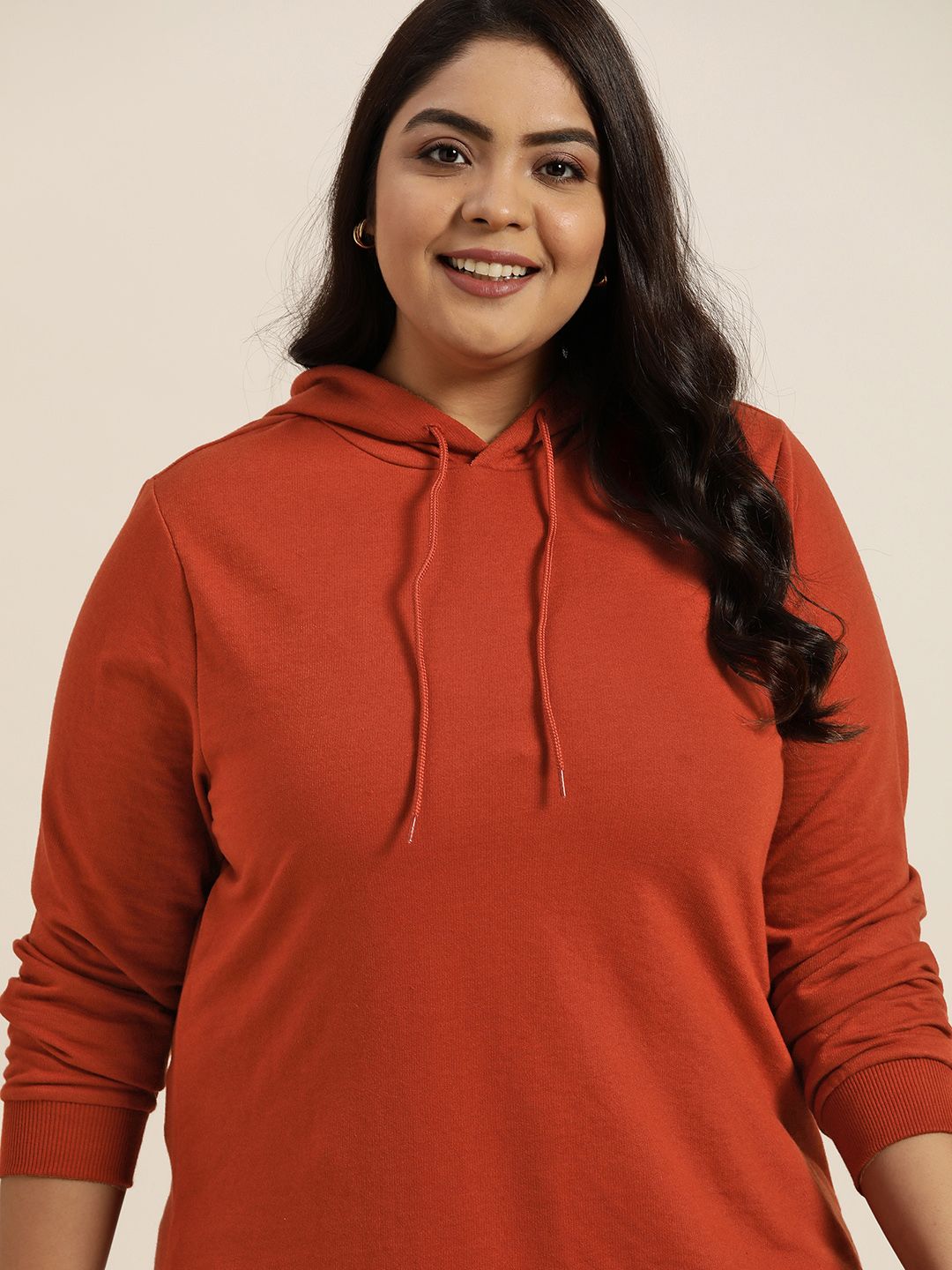 Sztori Women Plus Size Rust Brown Solid Hooded Sweatshirt Price in India