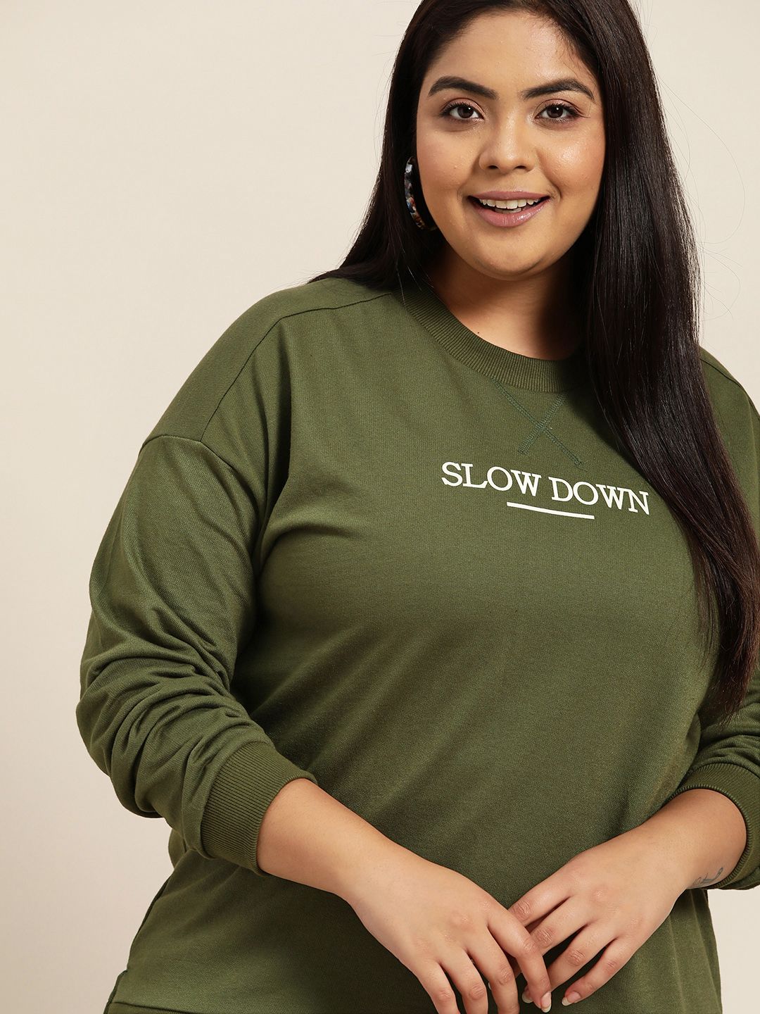 Sztori Women Plus Size Olive Green & Off-White Typography Print Sweatshirt Price in India