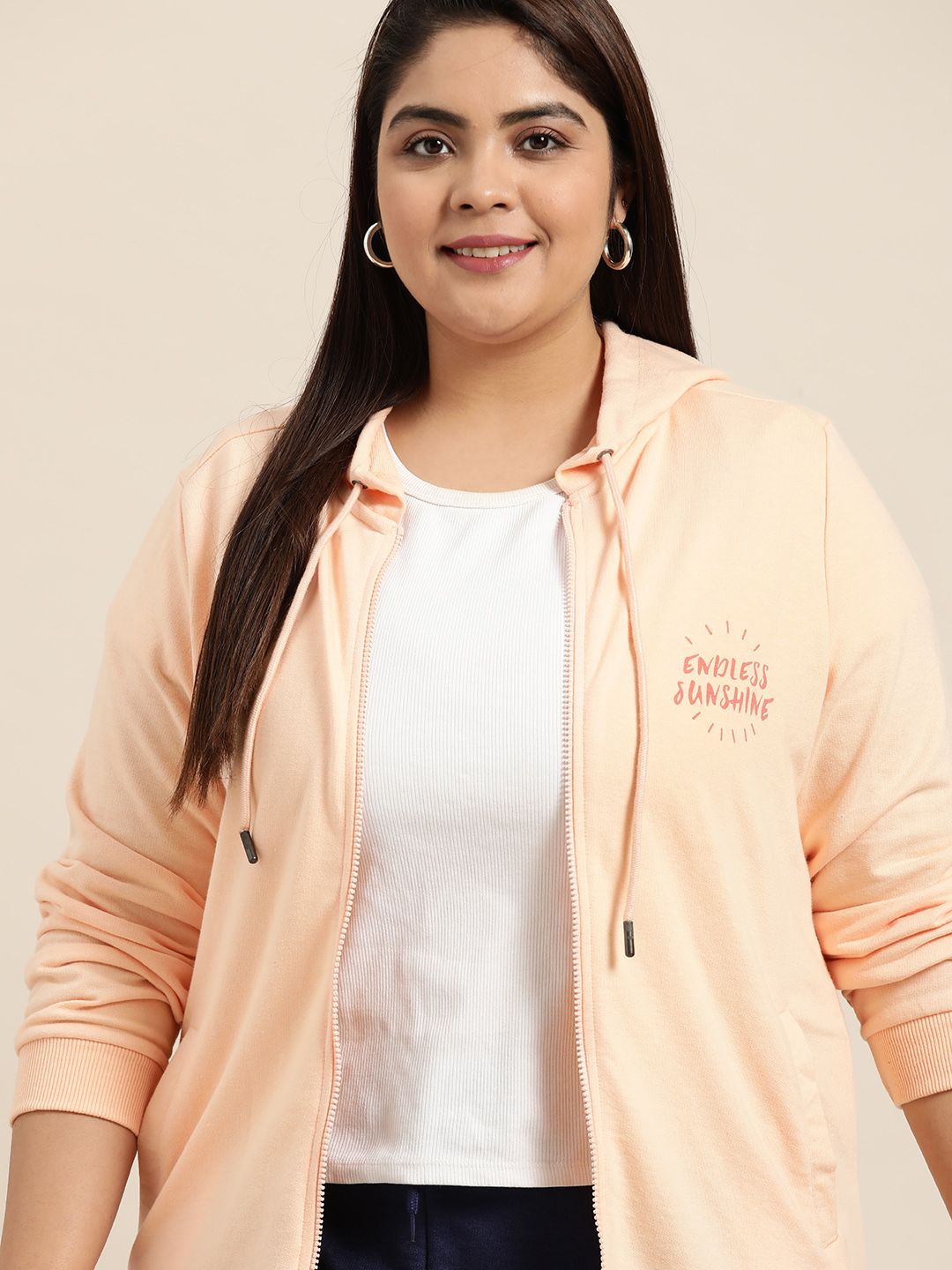 Sztori Women Plus Size Peach-Coloured Hooded Sweatshirt with Printed Back Price in India