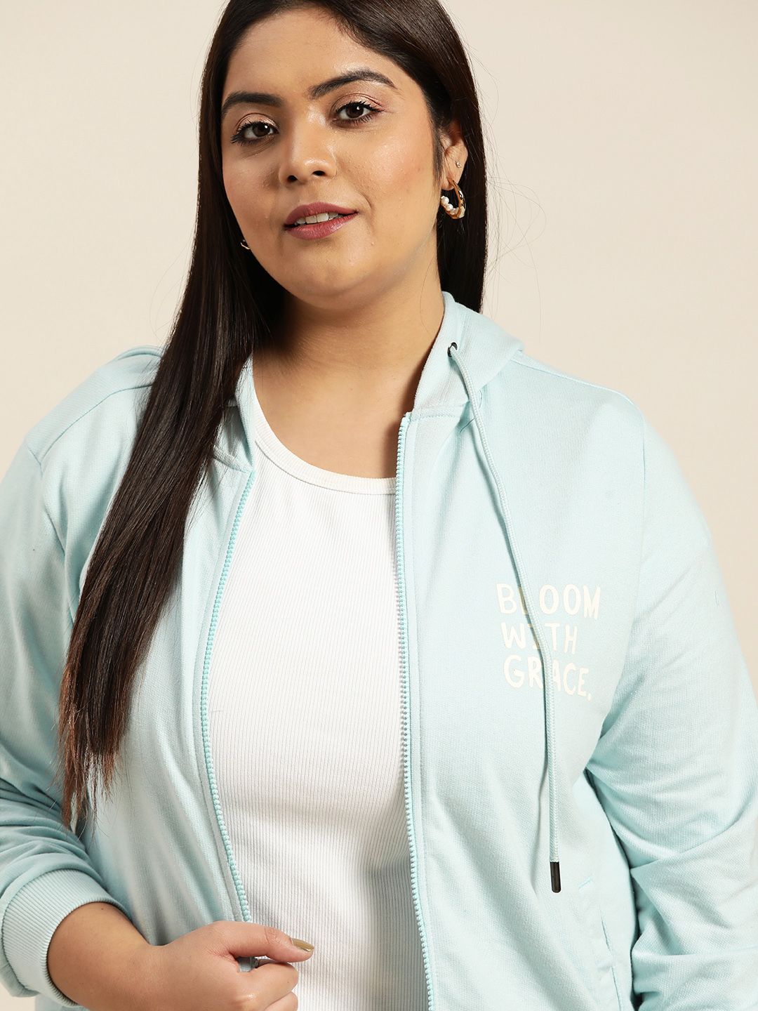 Sztori Women Plus Size Blue Hooded Sweatshirt with Printed Back Price in India