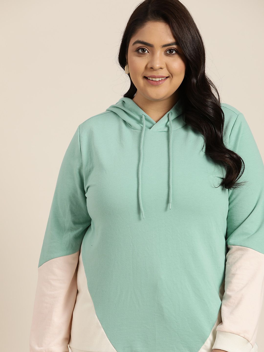 Sztori Plus Size Women Green Colourblocked Hooded Sweatshirt Price in India