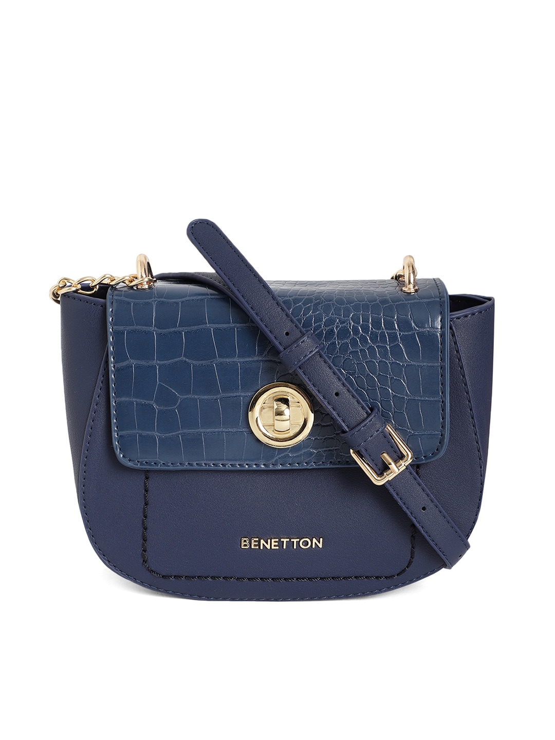 United Colors of Benetton Blue Animal Textured Half Moon Sling Bag Price in India