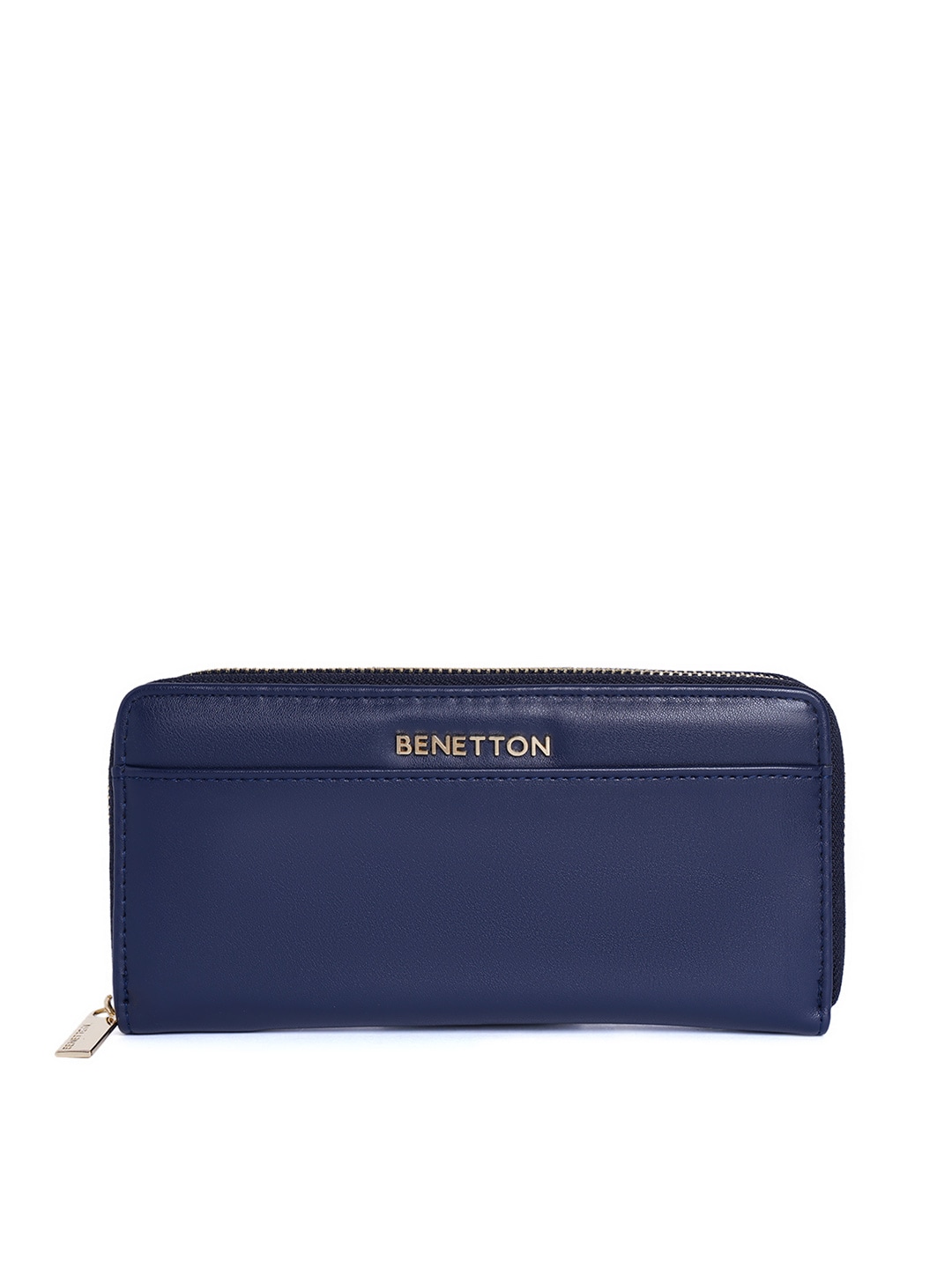 United Colors of Benetton Women Navy Blue Solid Synthetic Leather Zip Around Wallet Price in India