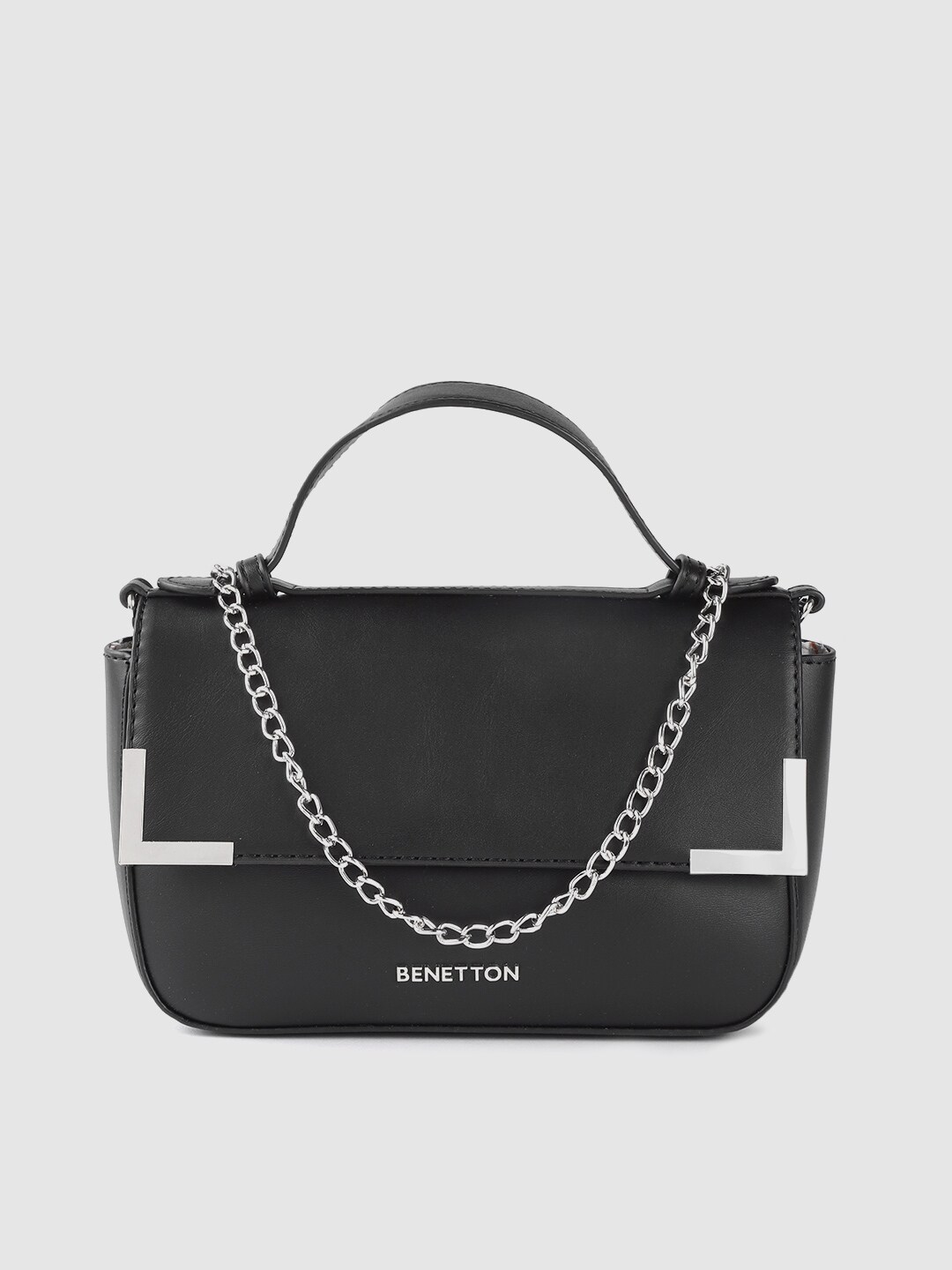 United Colors of Benetton Black Solid Structured Satchel Price in India