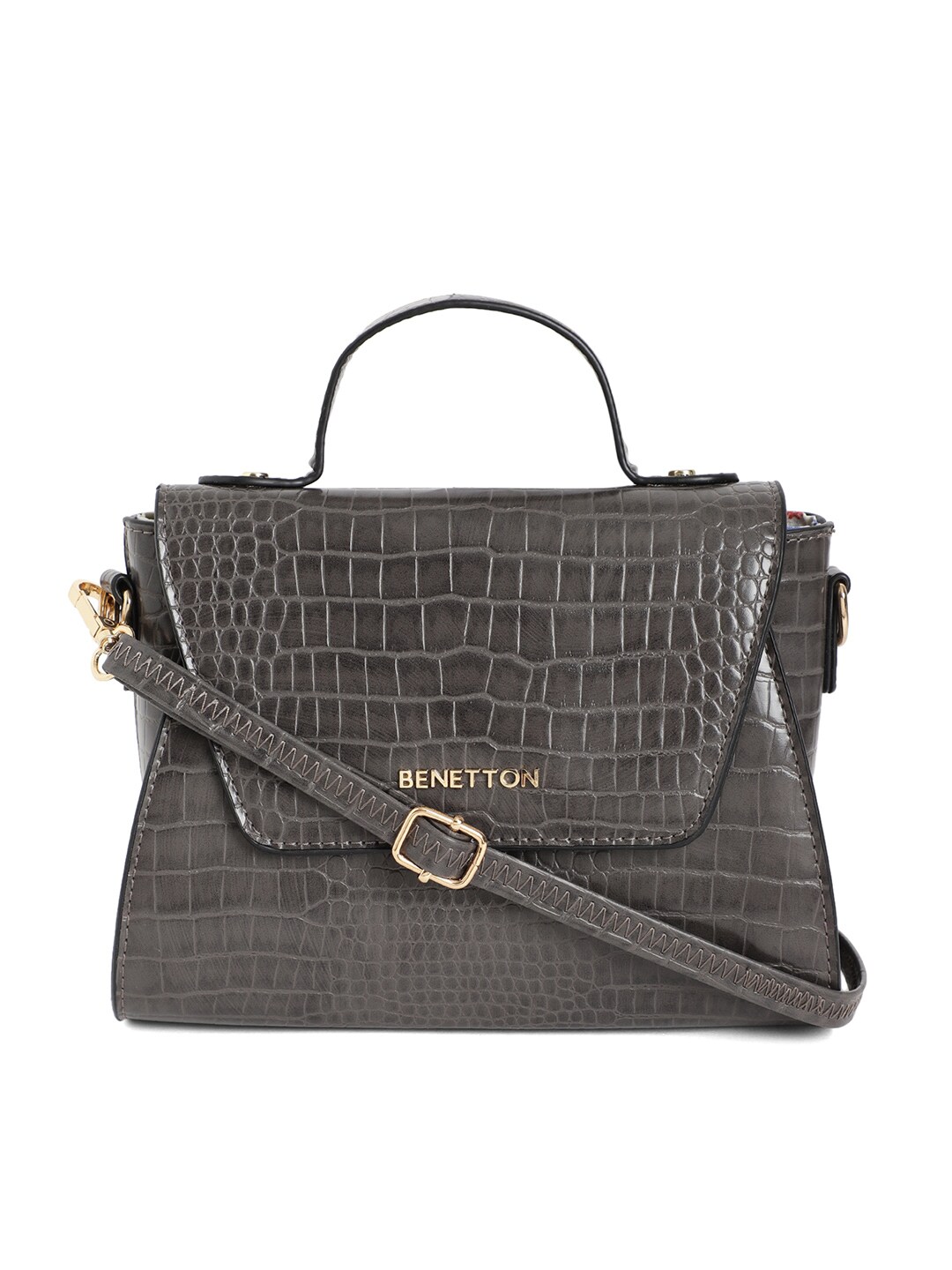 United Colors of Benetton Grey Animal Printed Structured Satchel Price in India