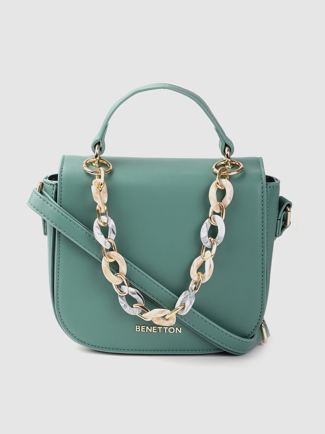 United Colors of Benetton Green Solid Small Satchel Price in India