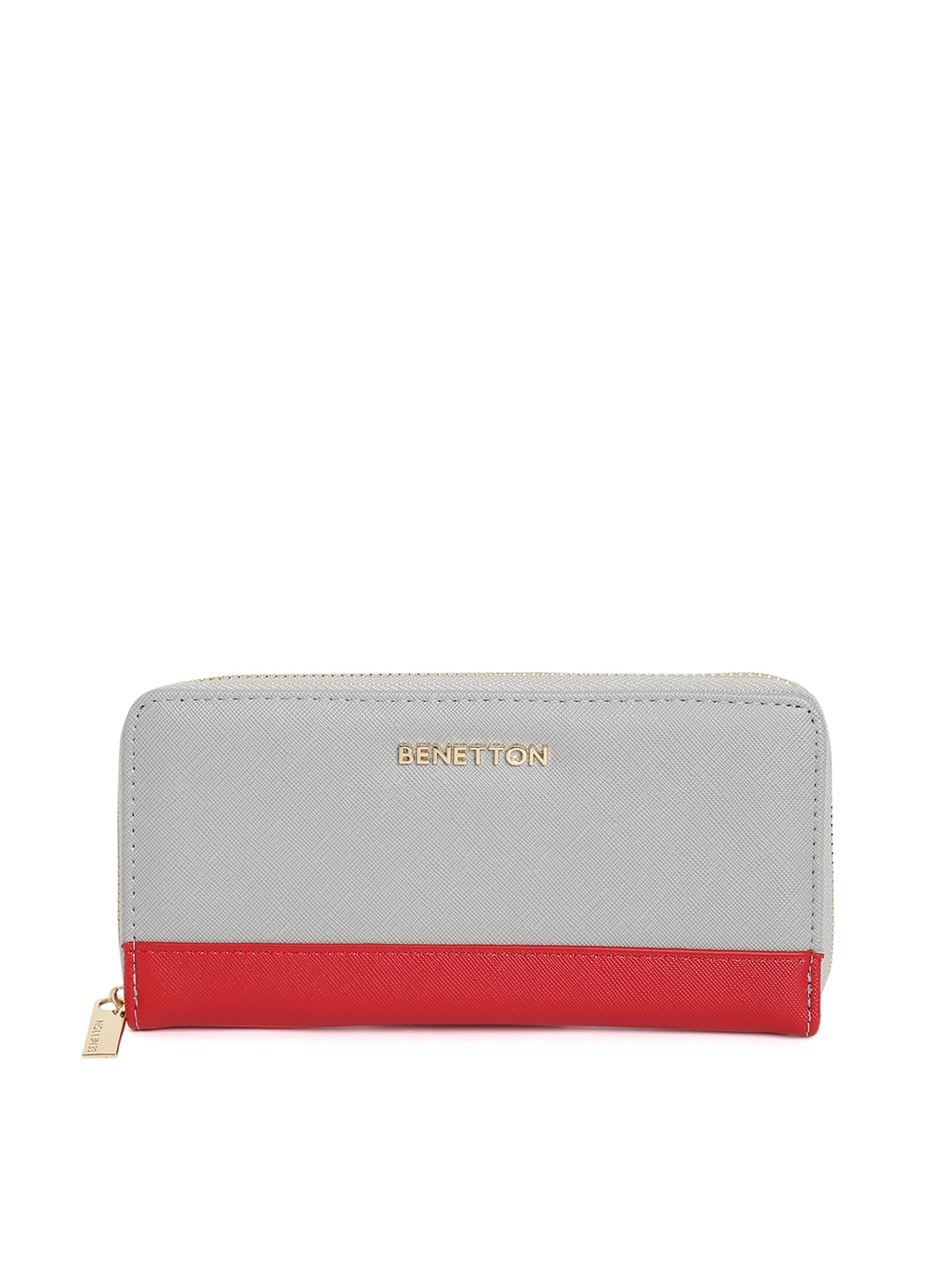 United Colors of Benetton Women Grey & Red Colourblocked Synthetic Leather Zip Around Wallet Price in India