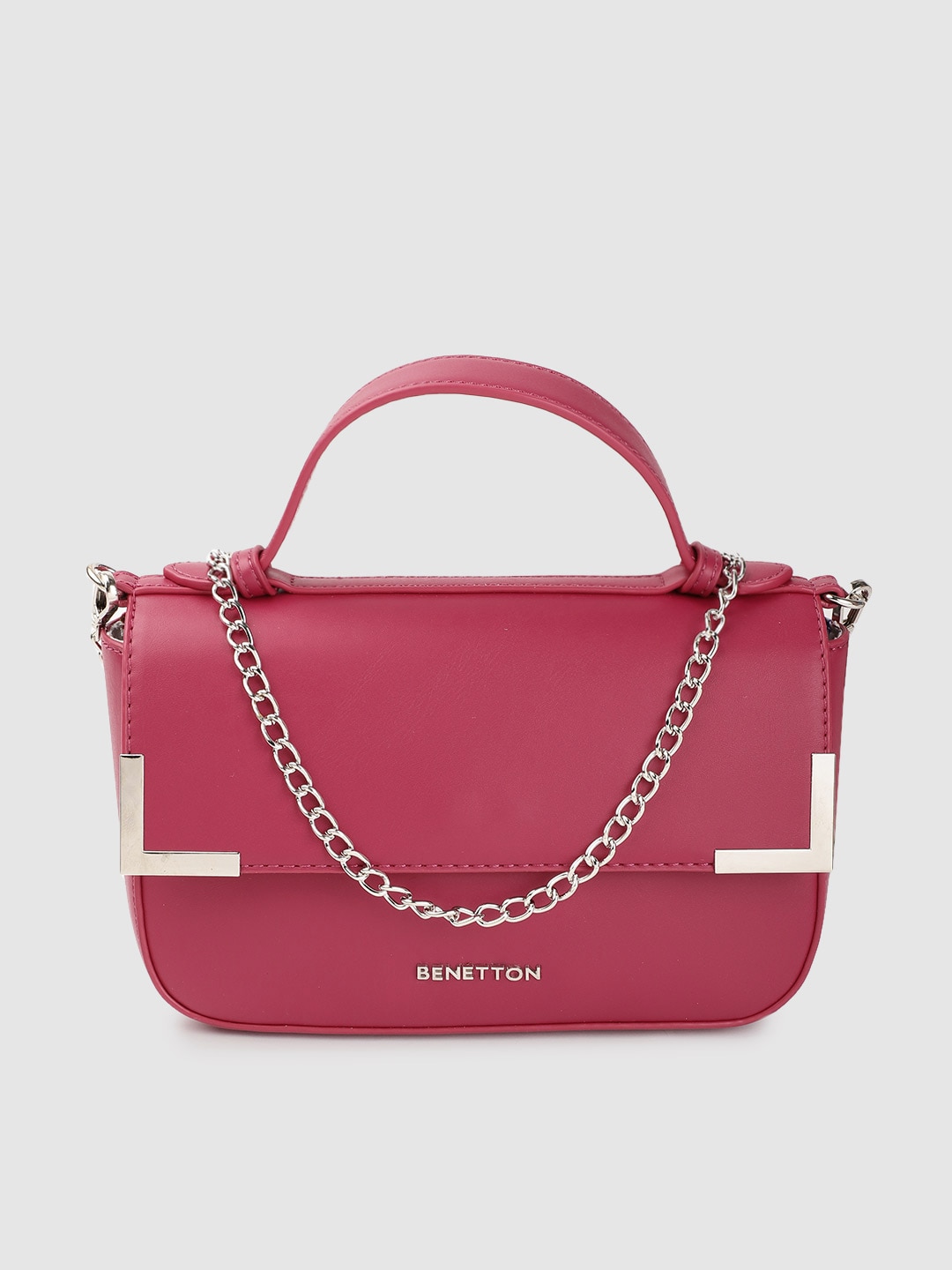 United Colors of Benetton Magenta Solid Structured Satchel Price in India