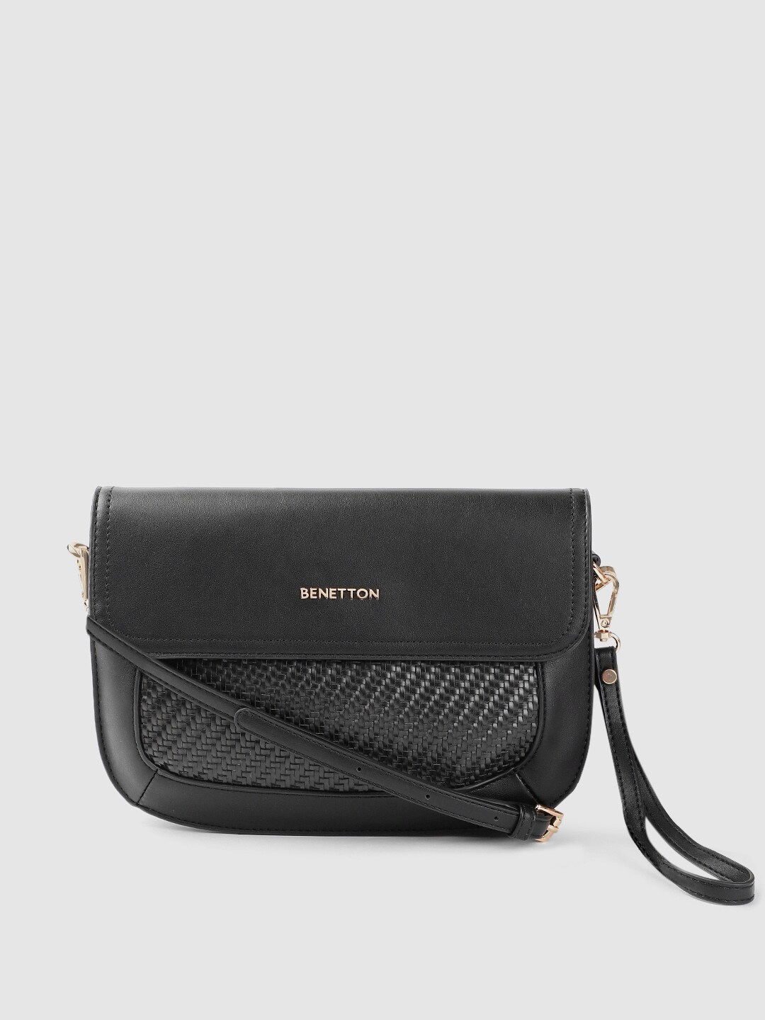 United Colors of Benetton Black Basket Weave Structured Sling Bag Price in India
