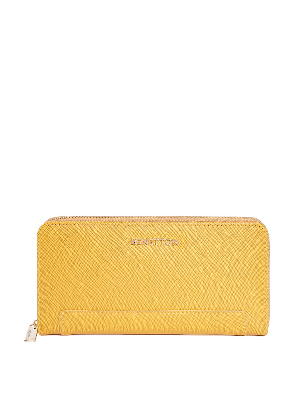 United Colors of Benetton Women Yellow Solid Synthetic Leather Zip Around Wallet Price in India