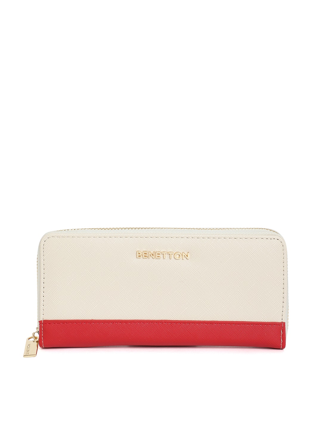 United Colors of Benetton Women Off White & Red Colourblocked Synthetic Leather Zip Around Wallet Price in India