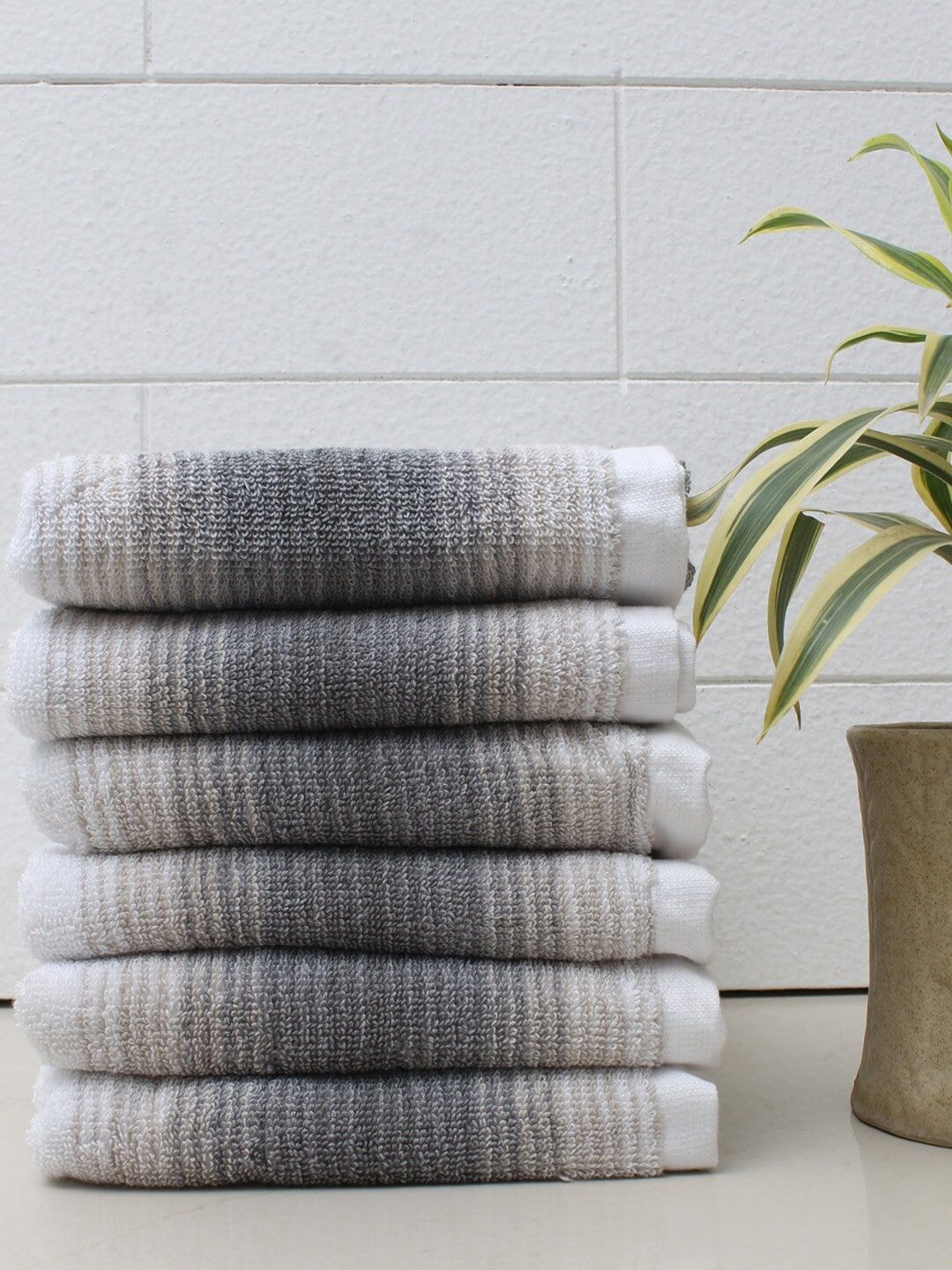 AVI Living Pack Of 6 Grey & White Striped 600GSM Cotton Hand Towels Price in India