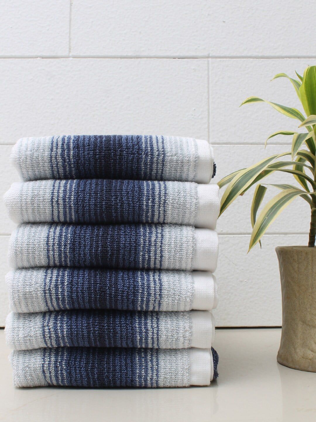 AVI Living Set Of 6 Blue & White Striped 600 GSM Cotton Hand Towels Price in India