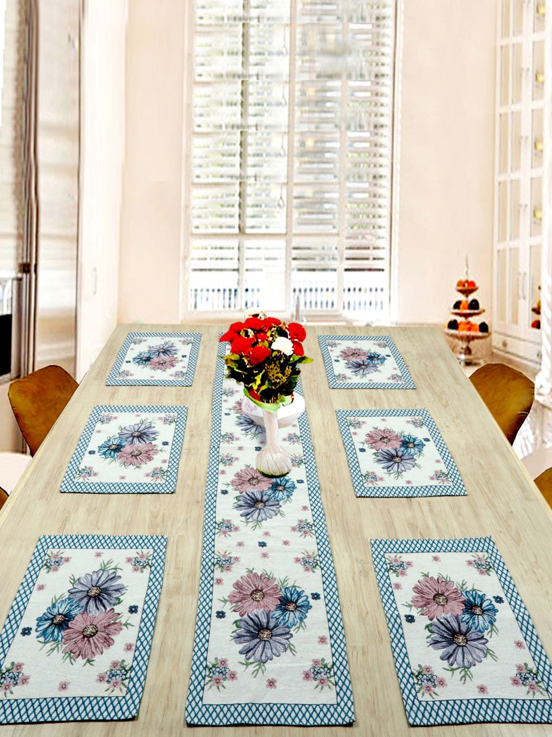 BELLA TRUE Set of 7 White & Blue Floral Printed Table Placements & Runner Price in India