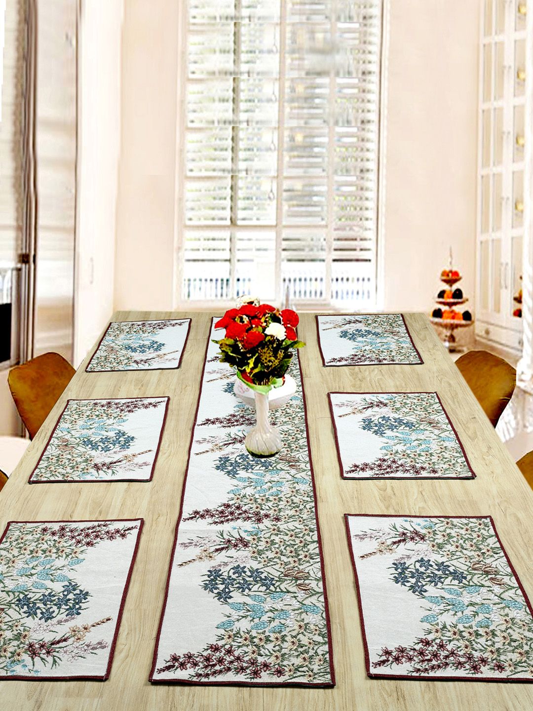 BELLA TRUE Set of 7 Beige & Blue Printed Table Placemats & Runner Price in India