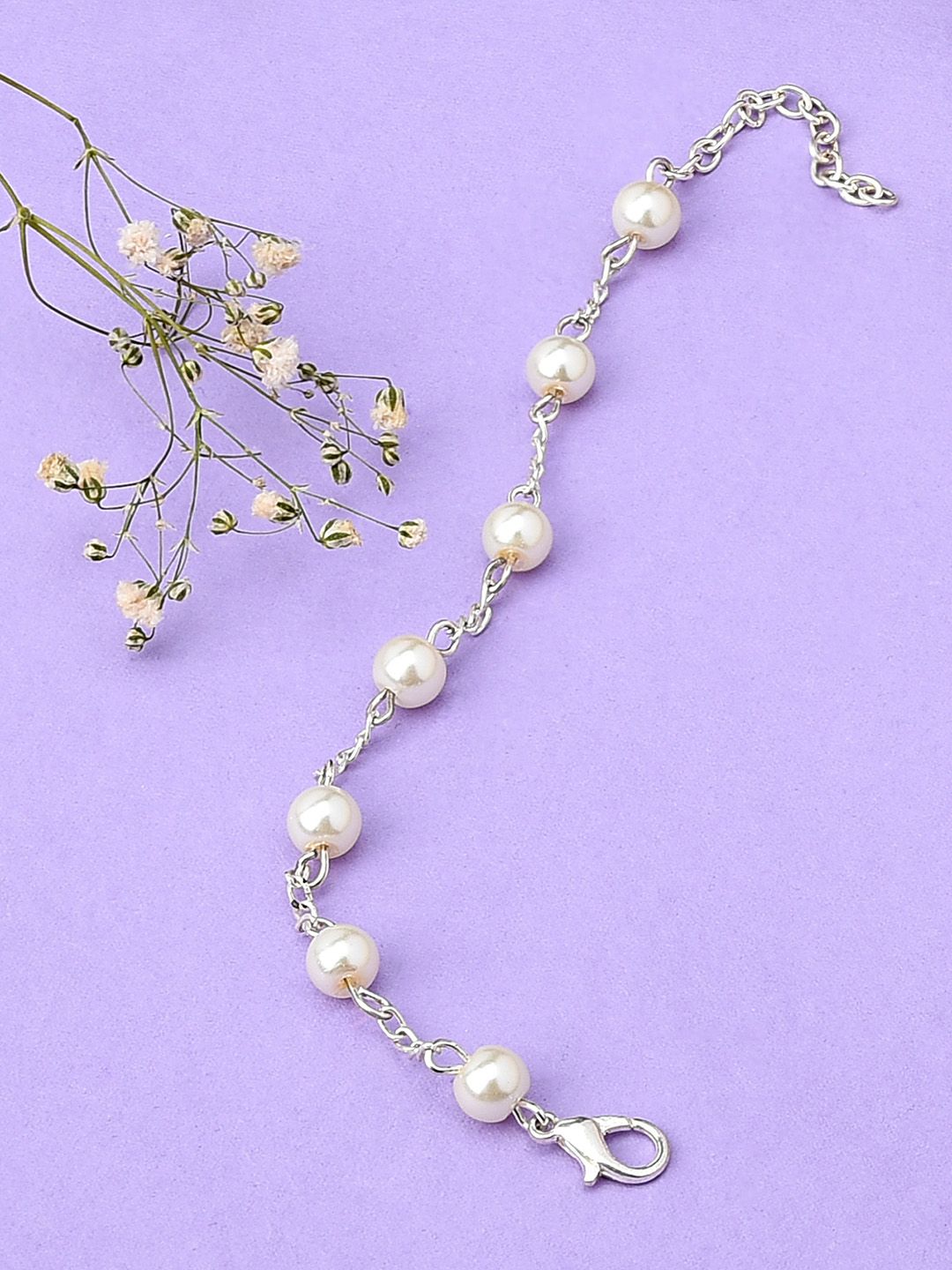 Zaveri Pearls White Silver-Plated Pearls Wraparound Bracelet Price in India
