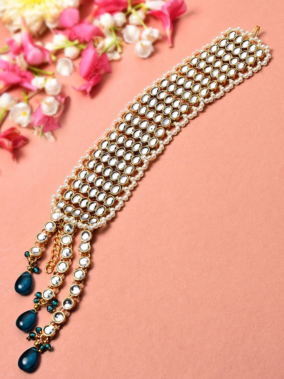Zaveri Pearls Women White & Gold-Plated Kundan Studded Cuff Bracelet Price in India