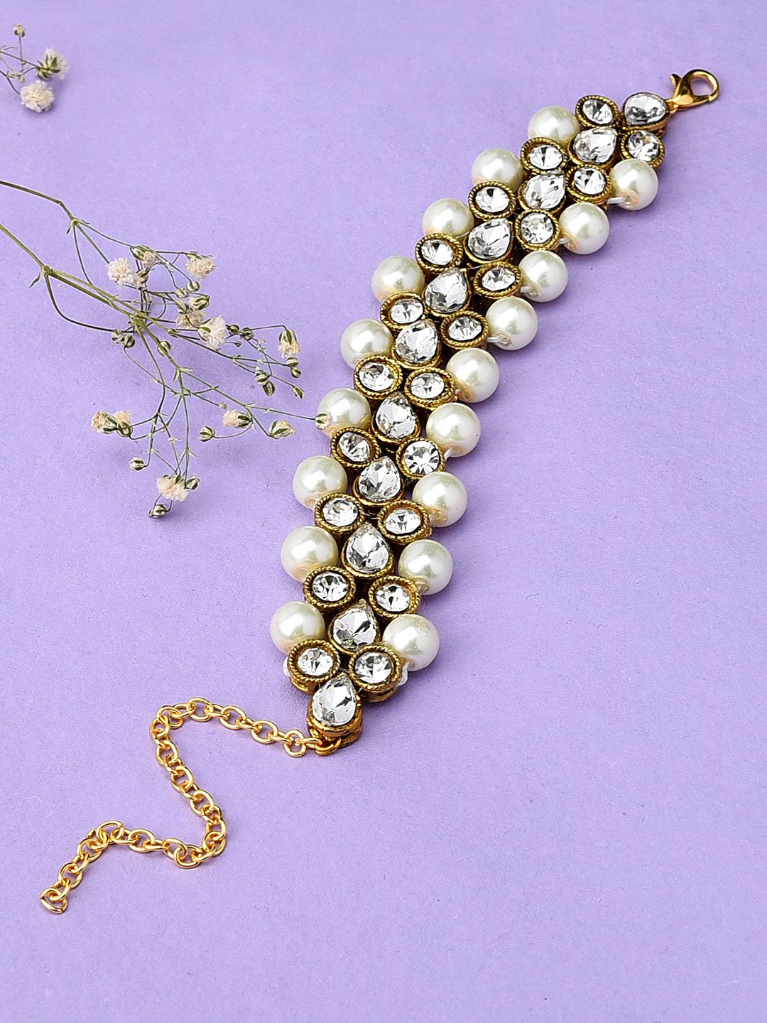Zaveri Pearls White Gold-Plated Beaded & Studded Wraparound Bracelet Price in India