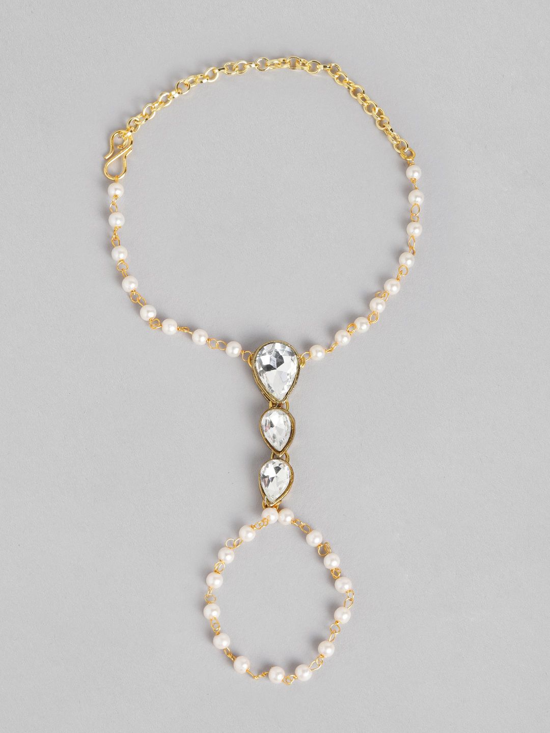 Zaveri Pearls White Gold-Plated Studded & Beaded Ring Bracelet Price in India