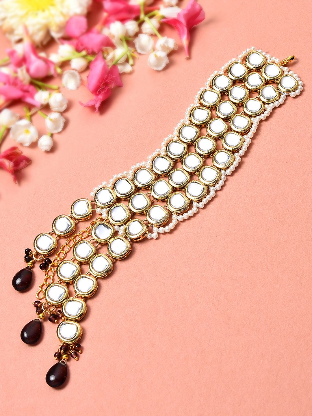 Zaveri Pearls Women White & Gold-Plated Kundan Studded Cuff Bracelet Price in India