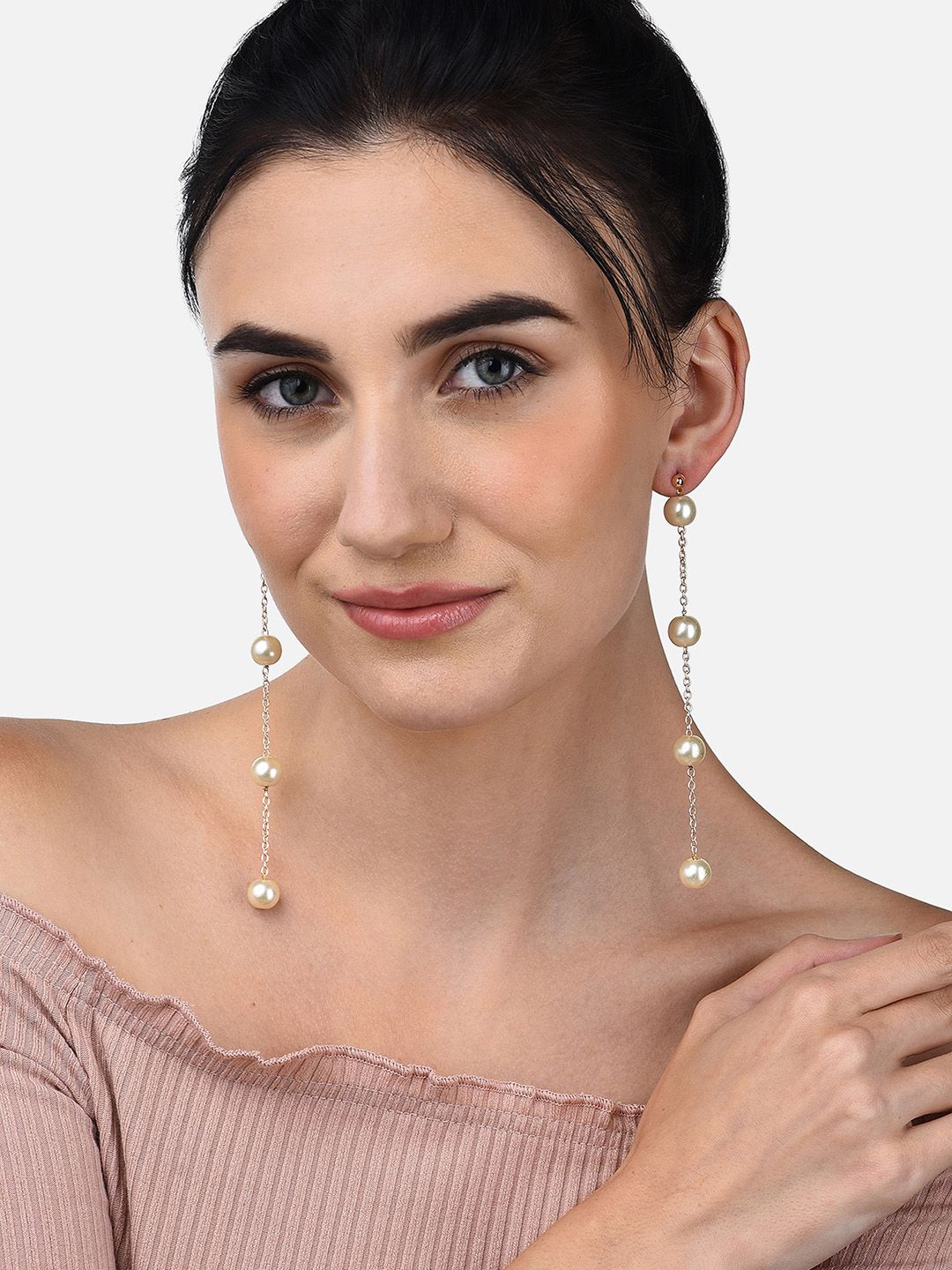 Zaveri Pearls Cream & Rose Gold-Toned Pearls Drop Earrings Price in India