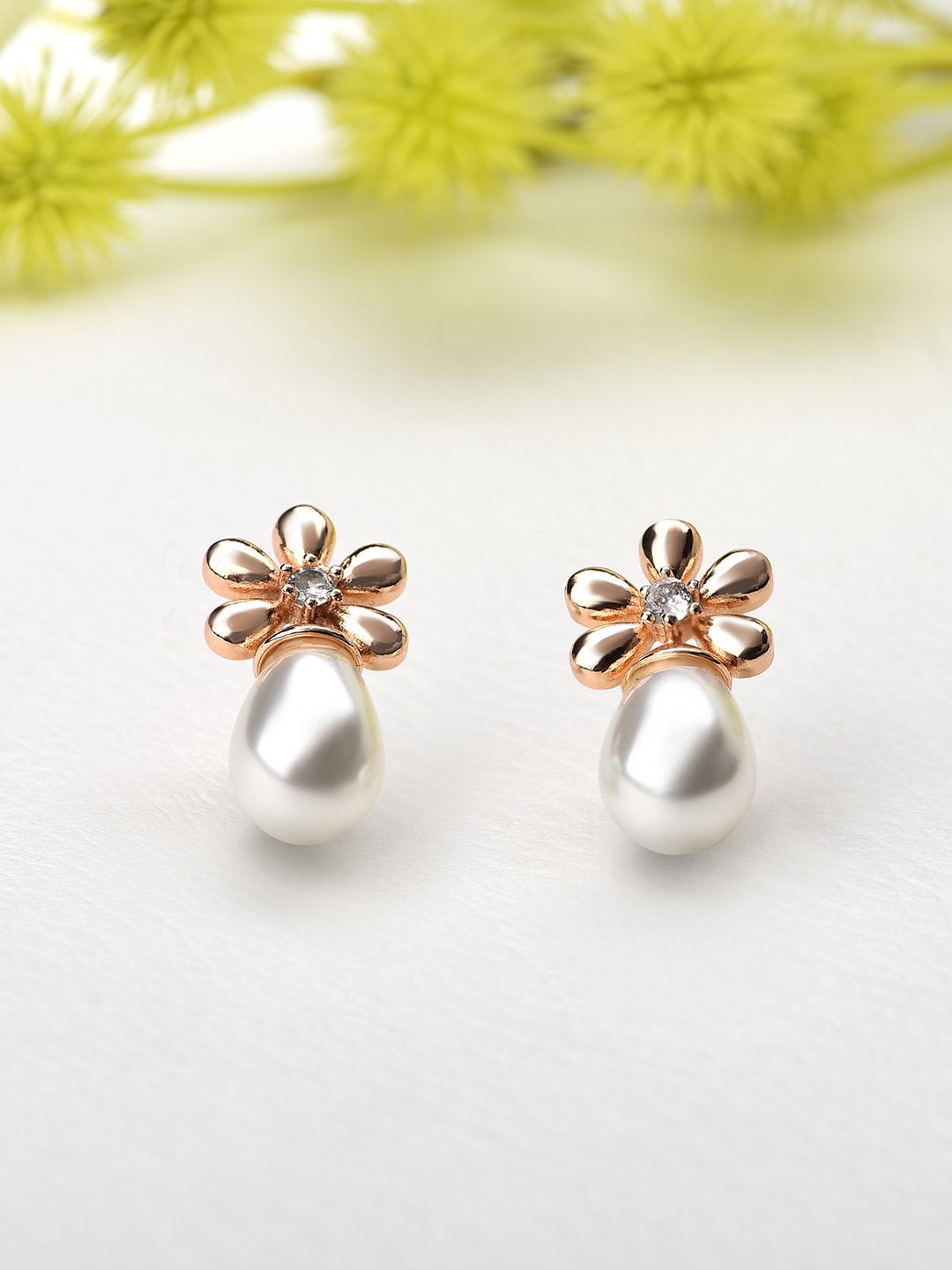 Zaveri Pearls White & Rose Gold-Plated Cubic Zirconia & Pearls Oval Studs Earrings Price in India