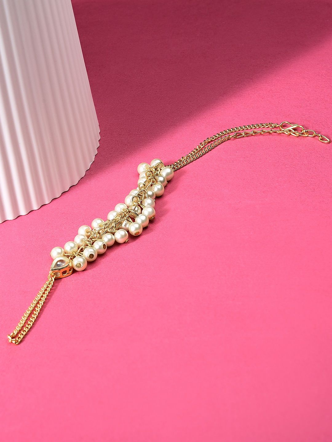 Zaveri Pearls Women Cream-Coloured & Gold-Plated Beaded Ring Bracelet Price in India