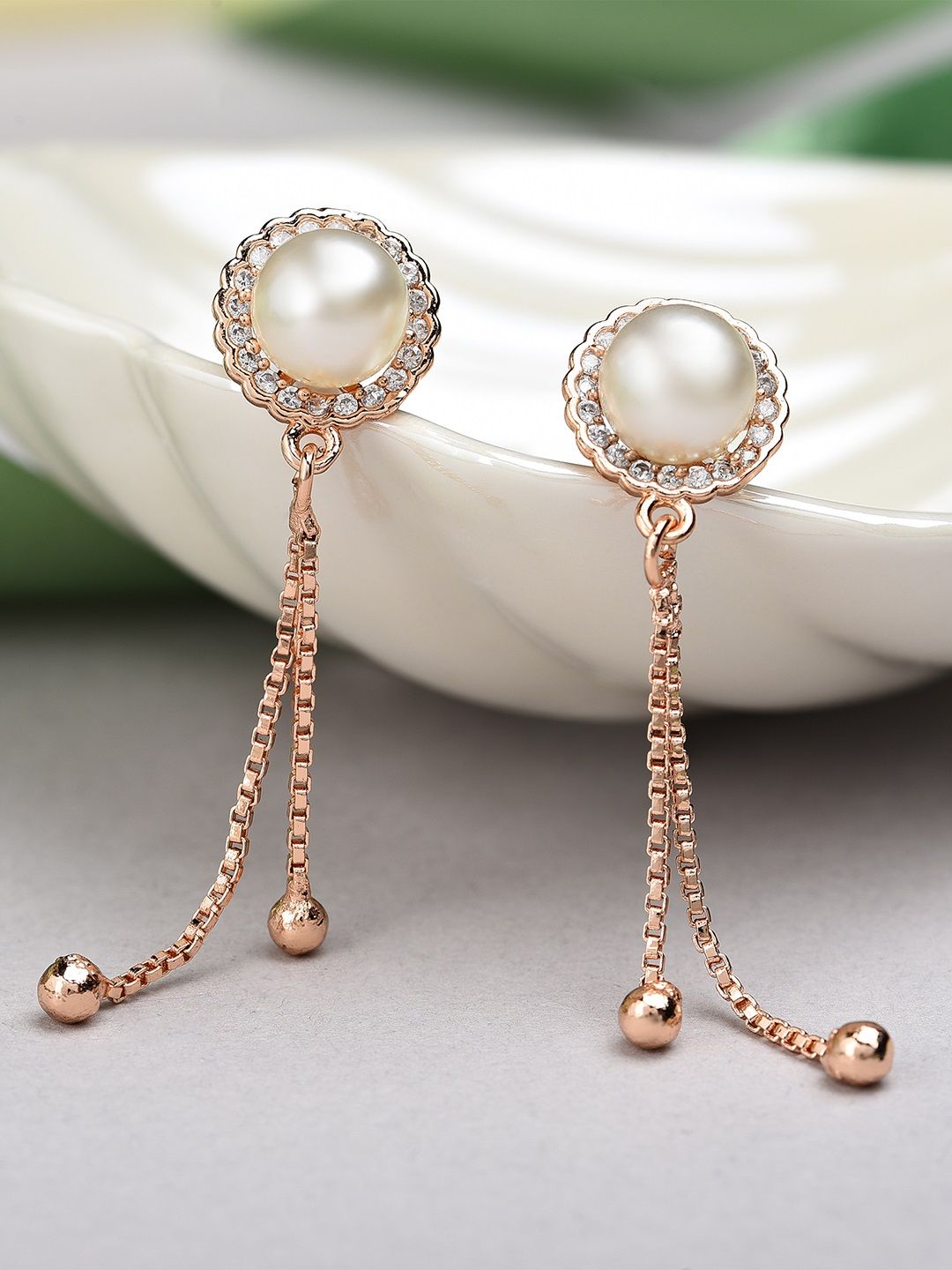 Zaveri Pearls White Rose Gold-Plated Cubic Zirconia Studded Teardrop Shaped Drop Earrings Price in India