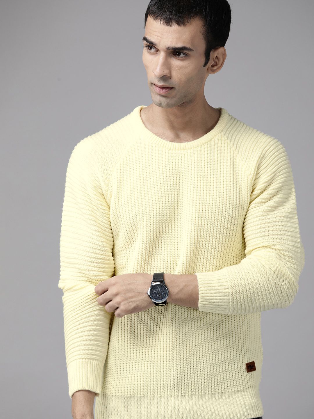 Roadster Men Cream-Coloured Solid Pullover