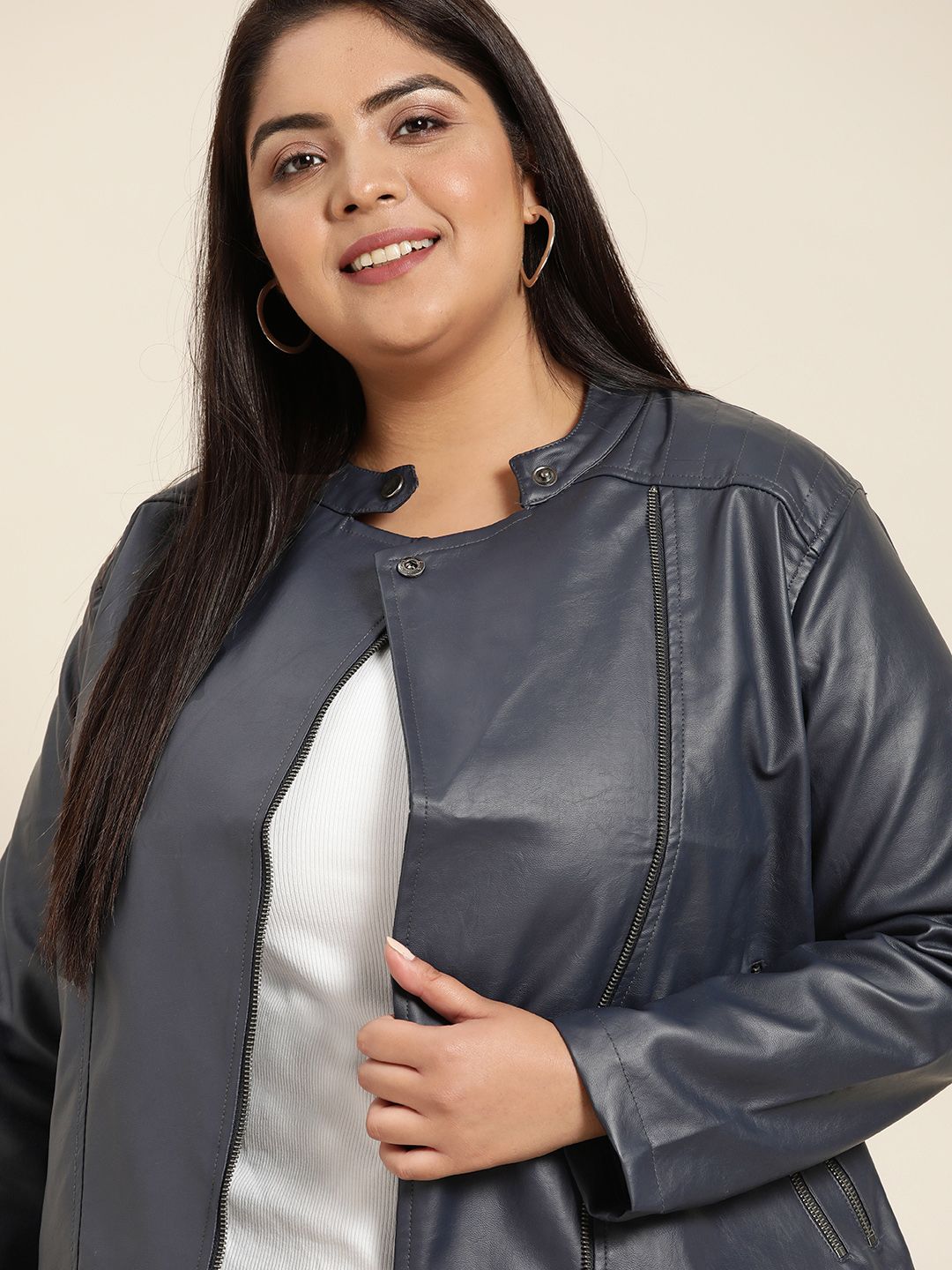 Sztori Women Plus Size Navy Blue Solid Coated Asymmetric Closure Biker Jacket Price in India