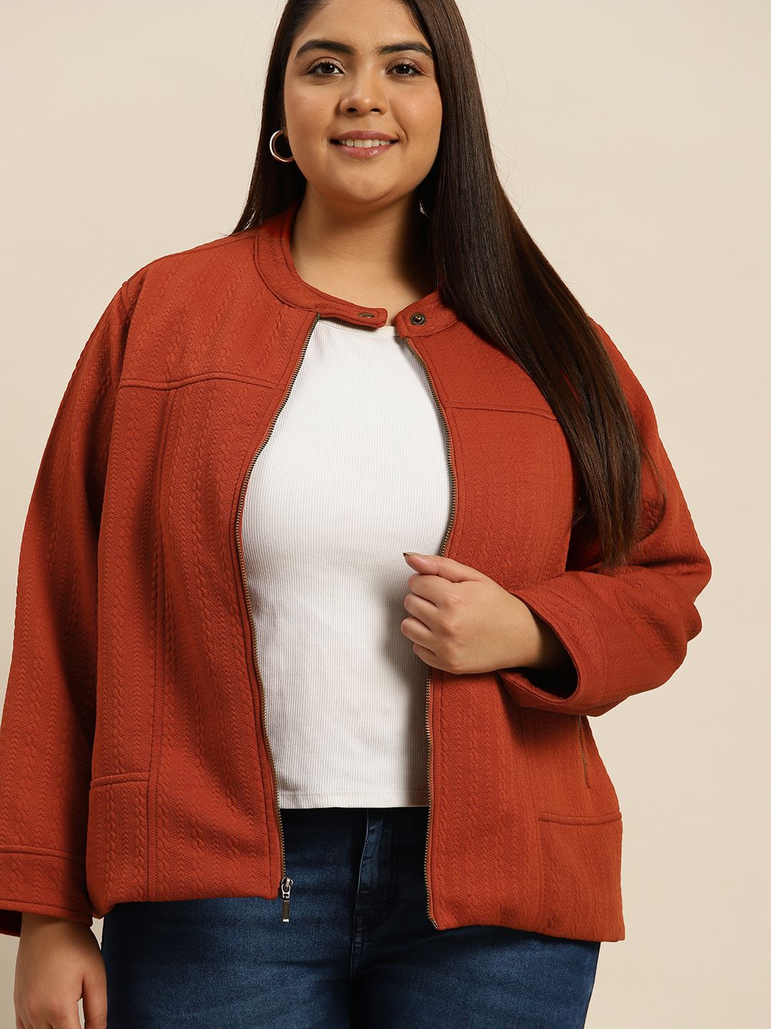 Sztori Women Plus Size Rust Orange Self Design Tailored Jacket Price in India