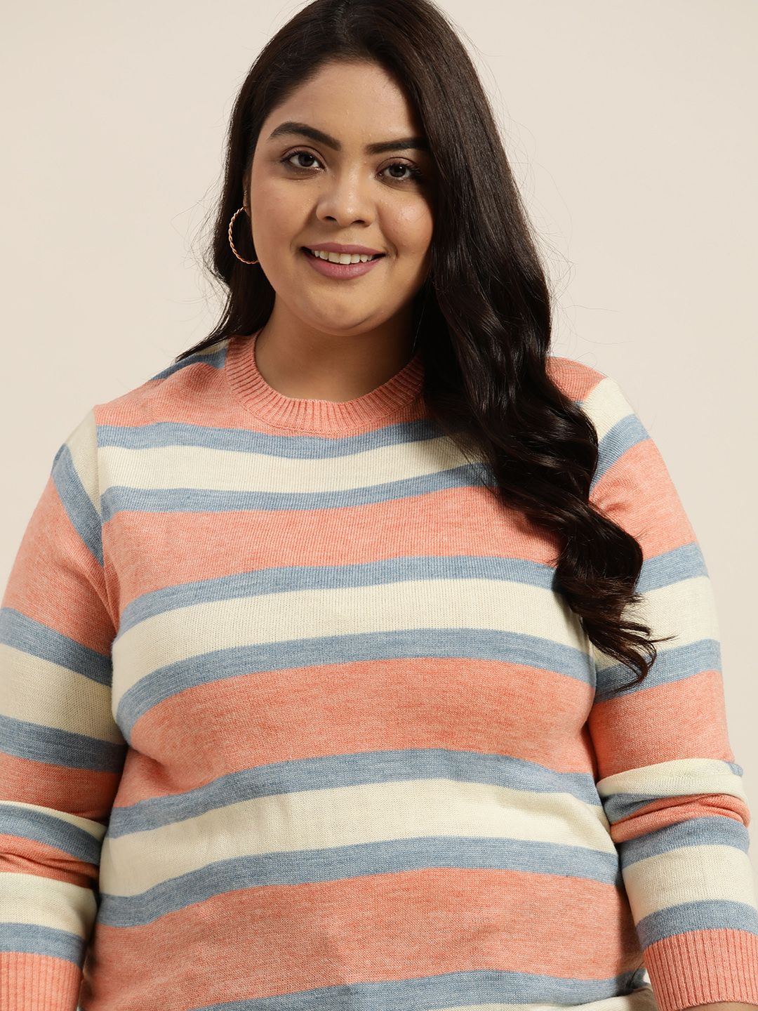 Sztori Women Plus Size Pink & Off White Striped Pullover Price in India