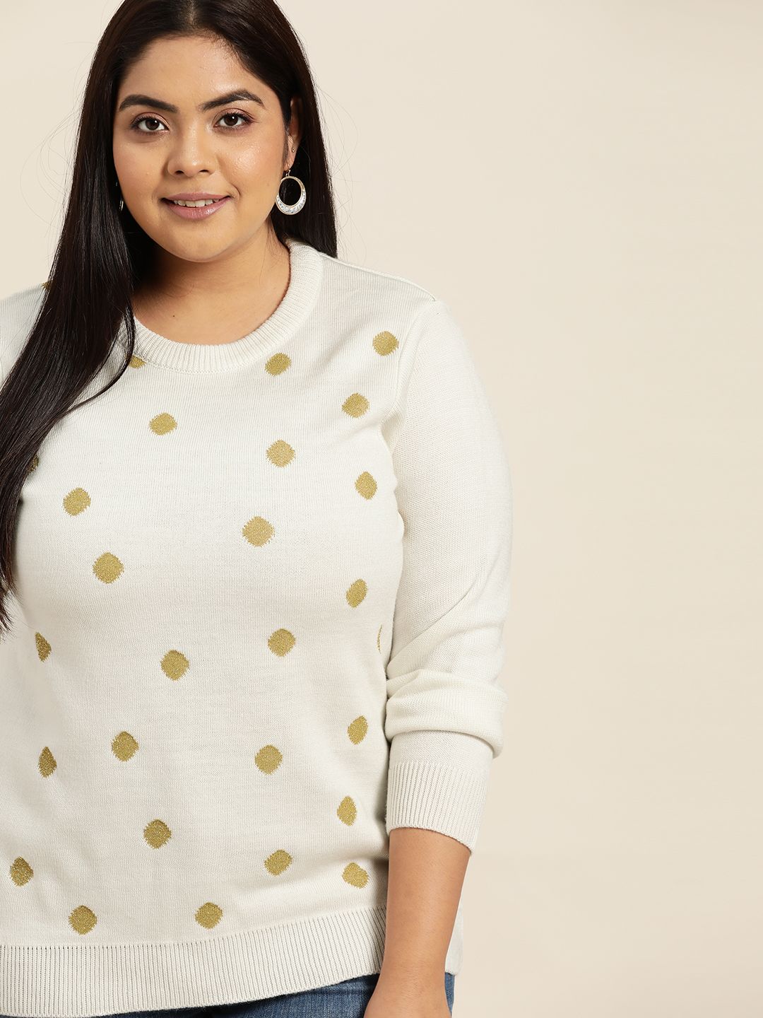 Sztori Women Plus Size Off-White & Golden Lurex Polka Dots Design Pullover Price in India