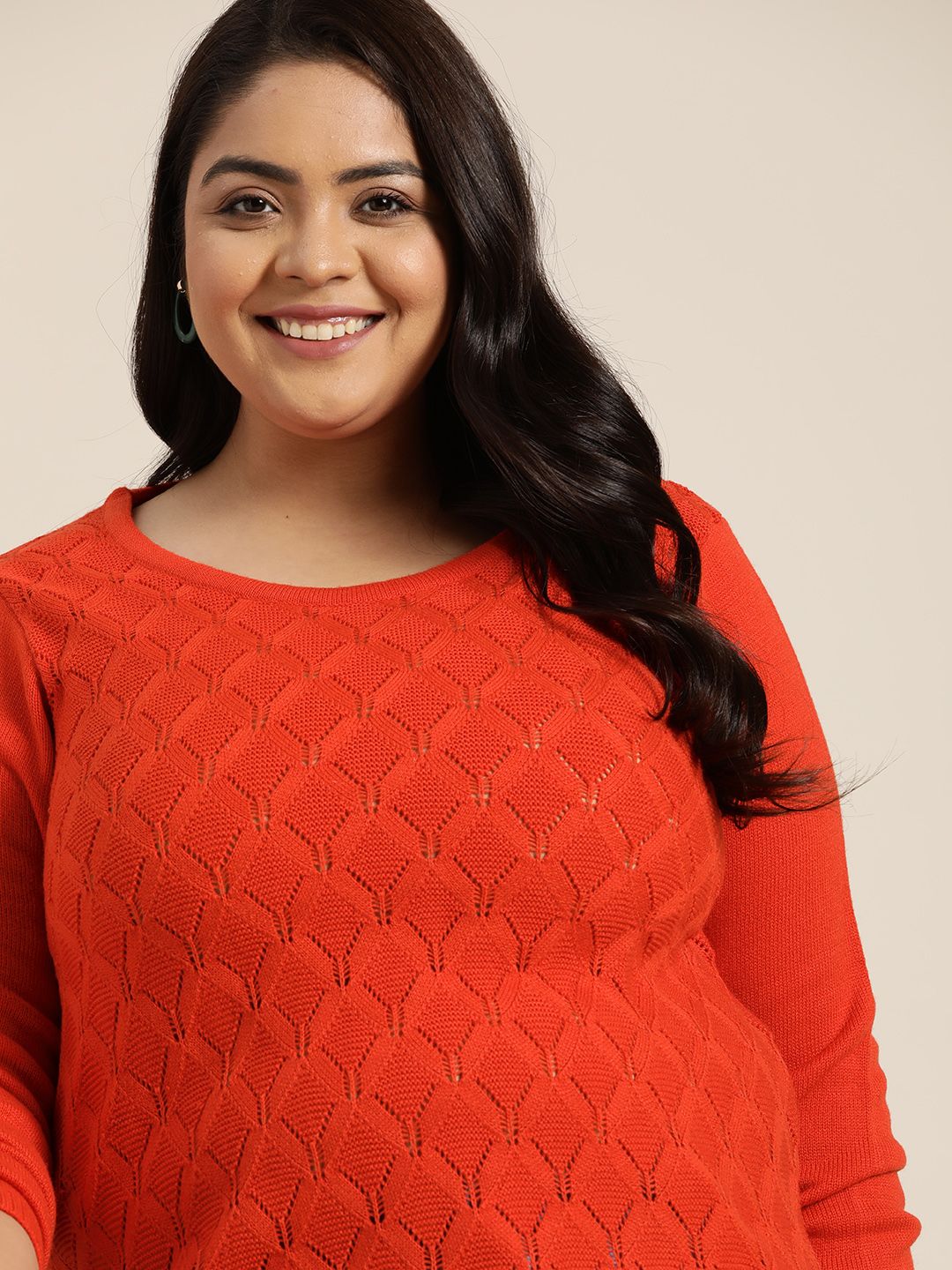 Sztori Women Plus Size Orange Geometric Woven Design Pullover Price in India